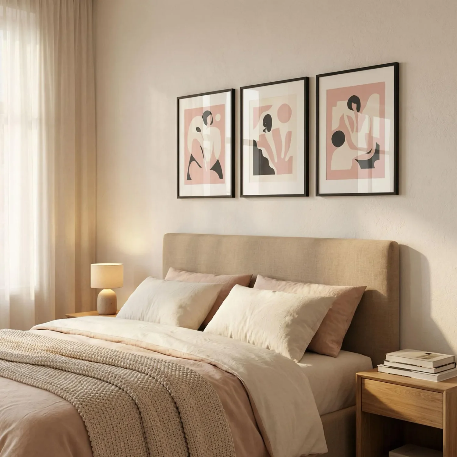 Duotone pop art triptych above bedroom headboard