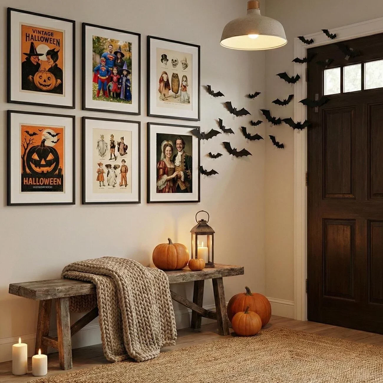 Halloween-themed entry with pumpkins, bats, and vintage wall art
