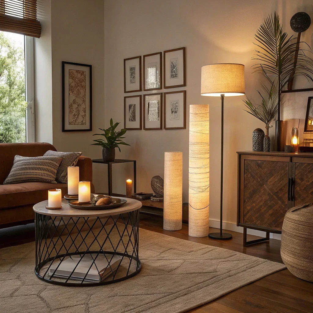Living room with mixed lighting sources and sculptural lamp designs.