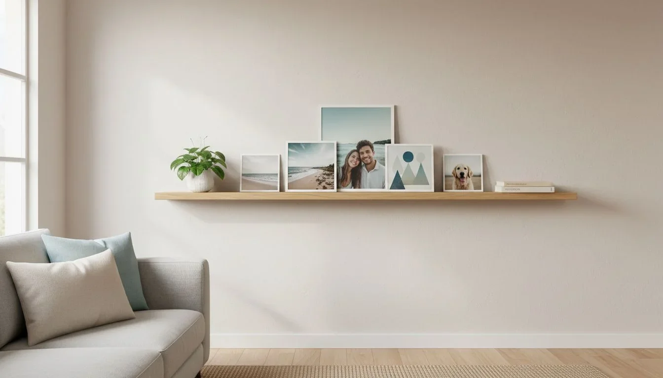 Picture ledge layering with casual, overlapping tiles