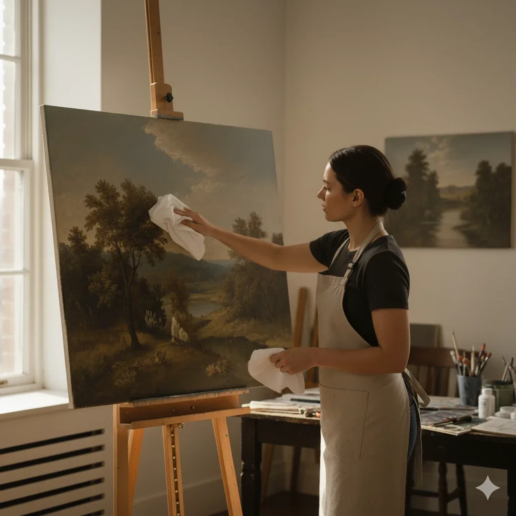 artist gently wiping landscape canvas on studio easel
