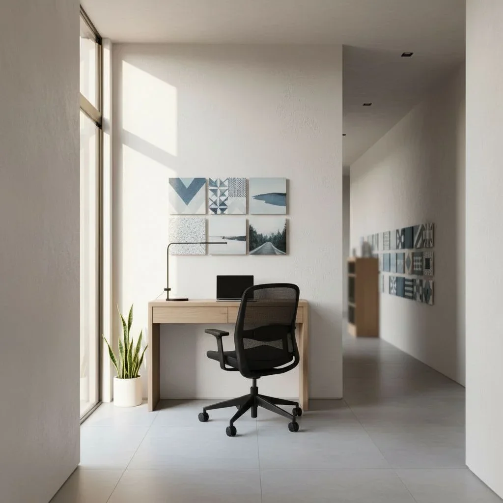 Home office with art and ergonomic setup