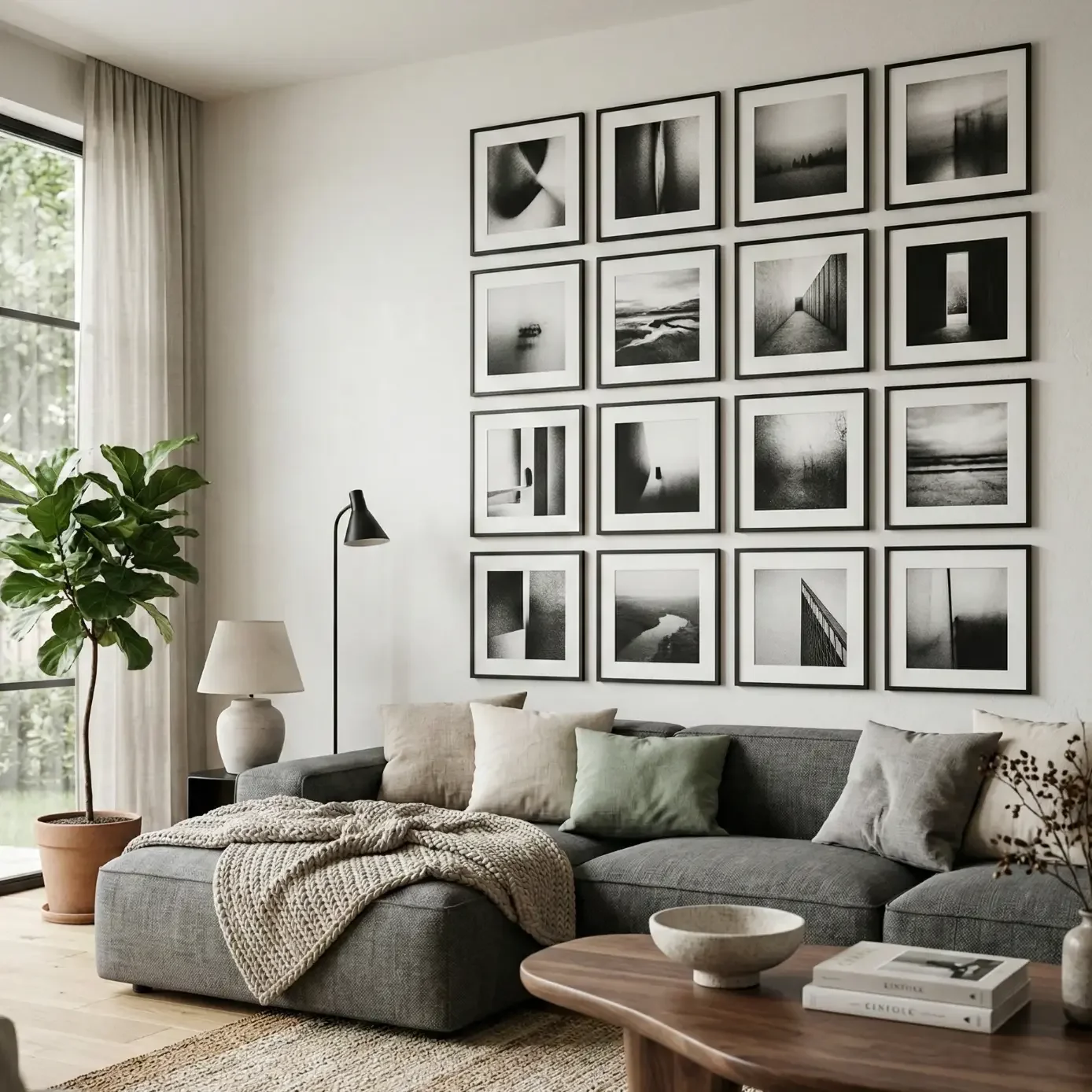 Modern living room with gray sectional and black-and-white gallery