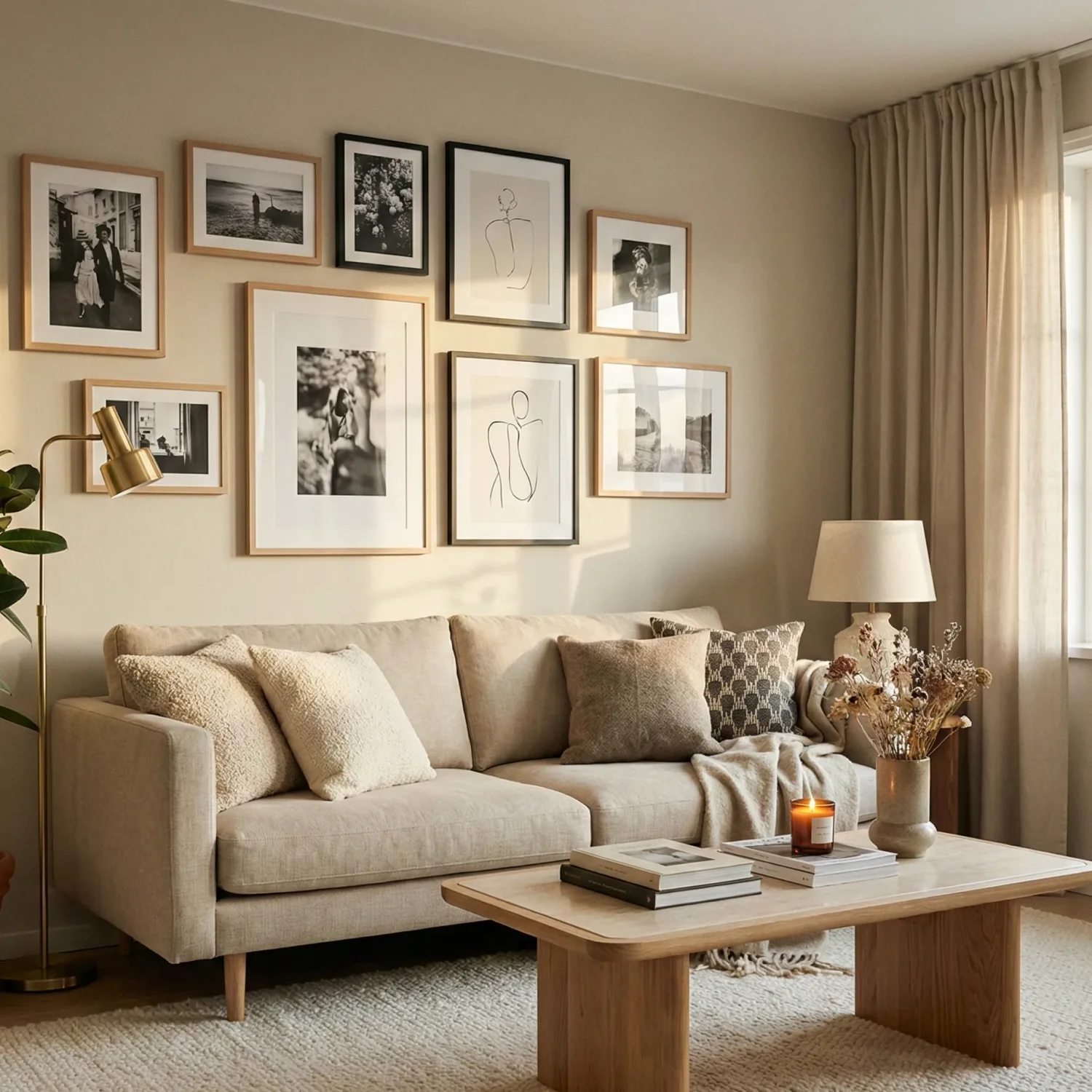 Cozy living room with beige sofa and gallery wall art