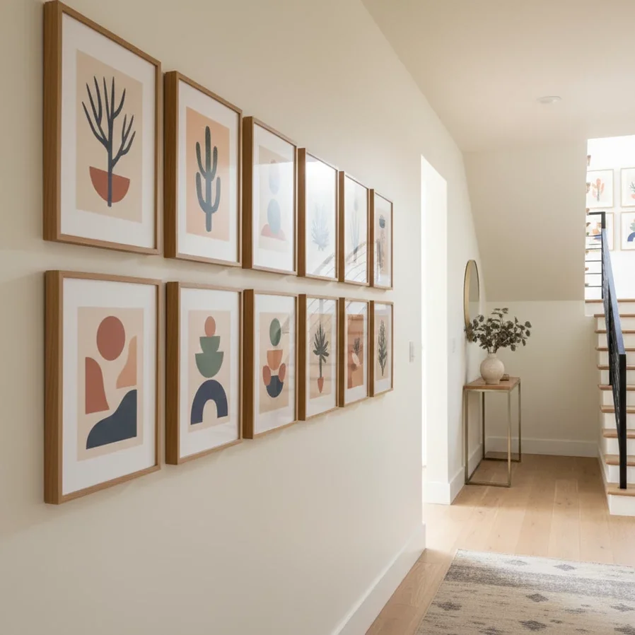 light hallway with minimalist prints in wood frames