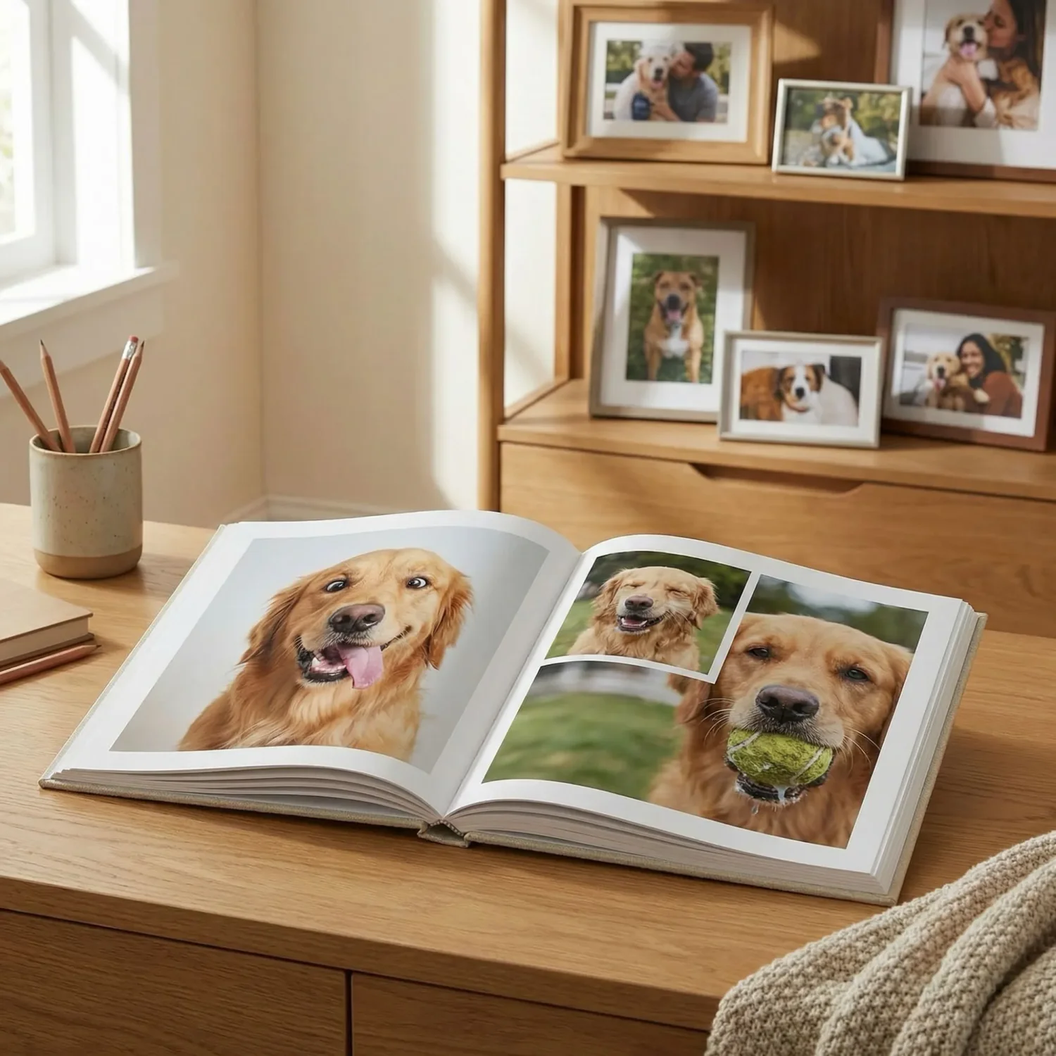 Photo book with dog personality snapshots on desk