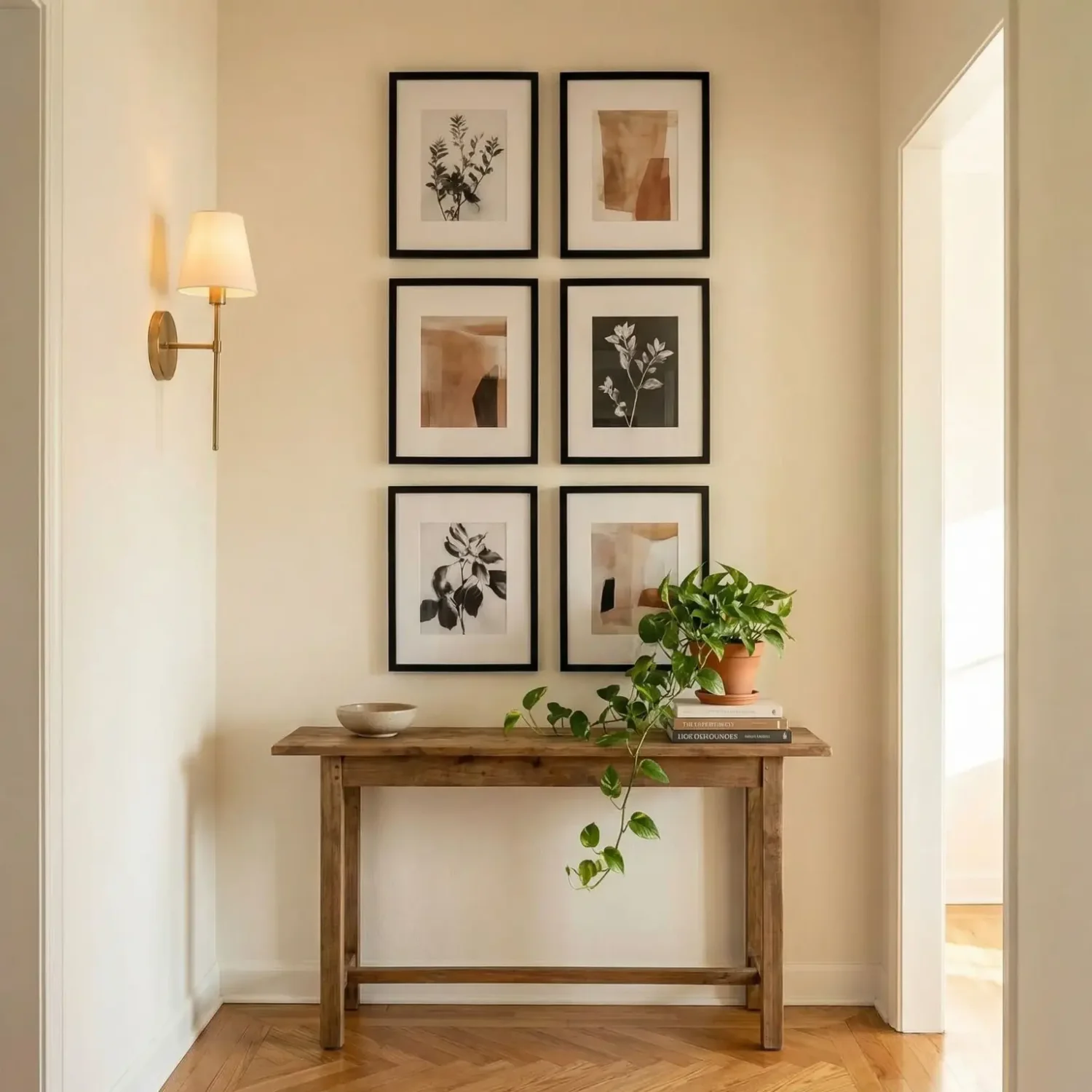 Entryway grid of framed photos above console