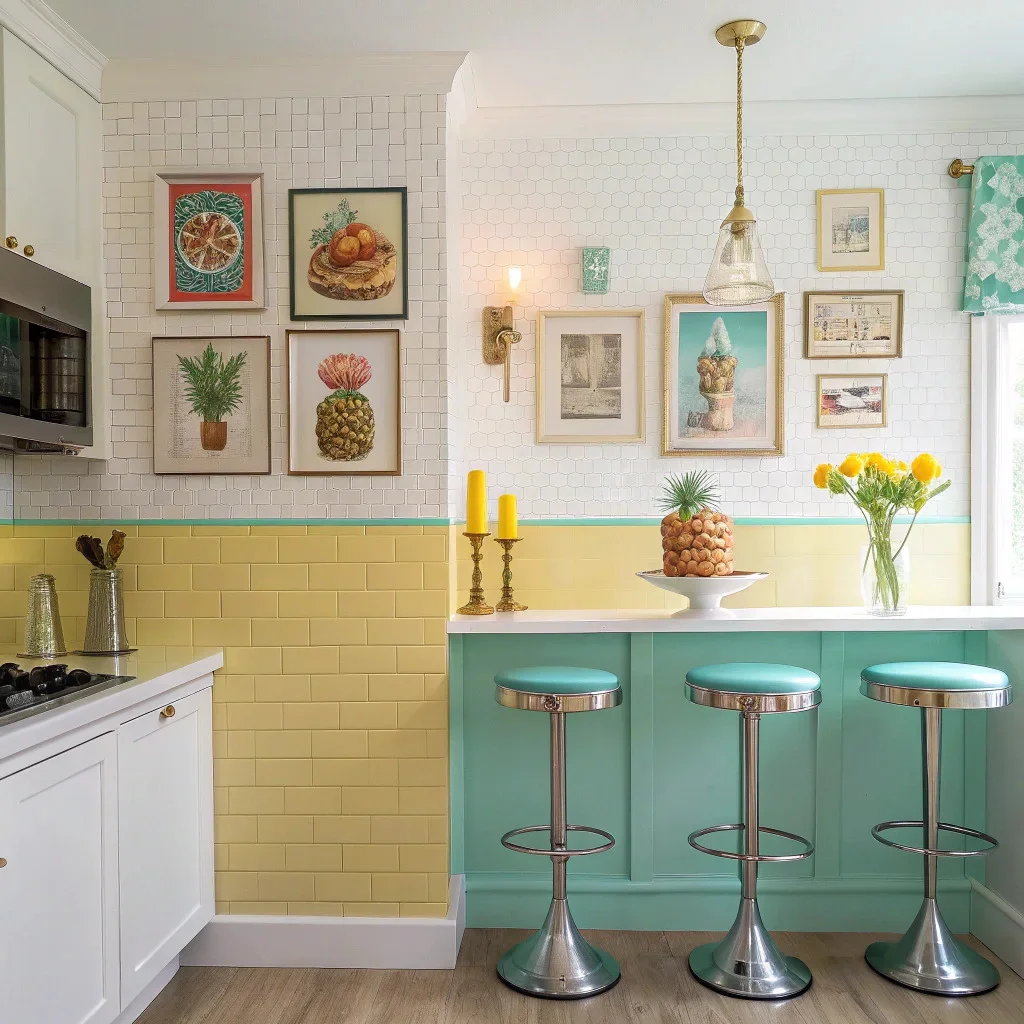 A bright kitchen or dining nook with butter-yellow or seafoam accents, neon-edged food still-life artwork on the wall, vintage recipe cards used as art, and metallic touches like polished brass candlesticks or chrome stools.