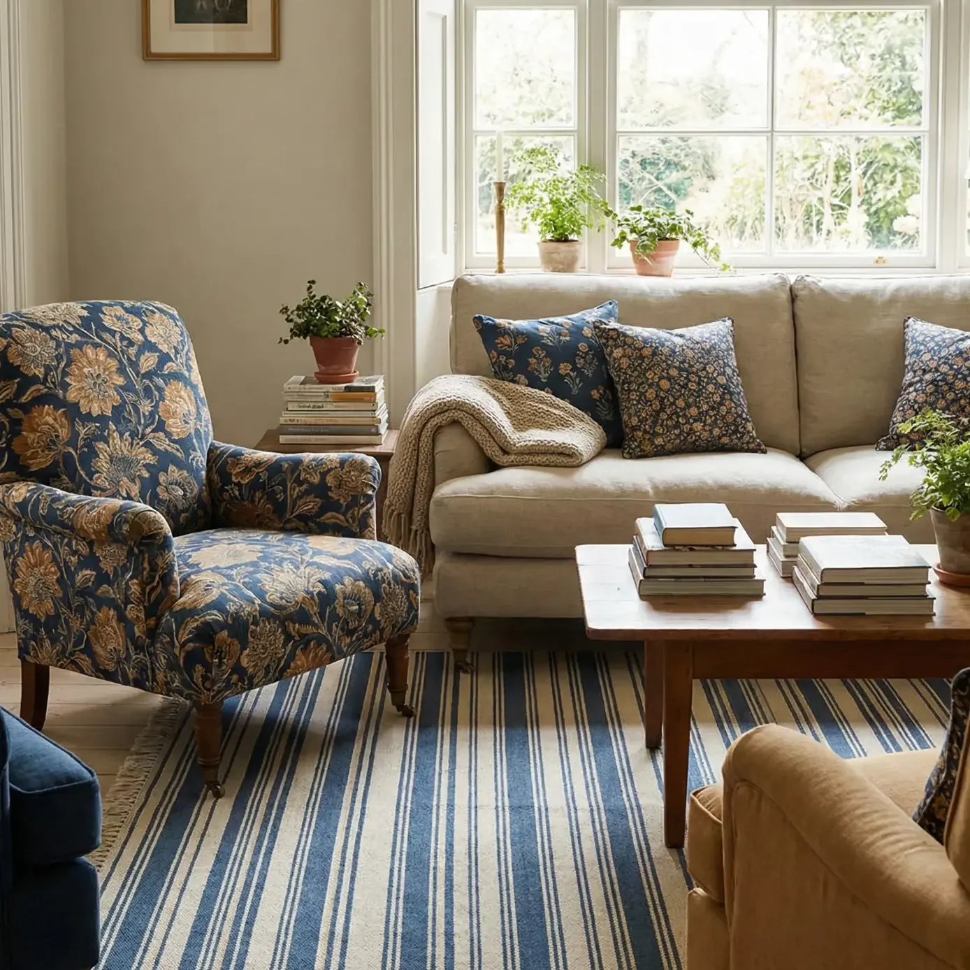 Cozy living room with blue floral chair, striped rug, and books.
