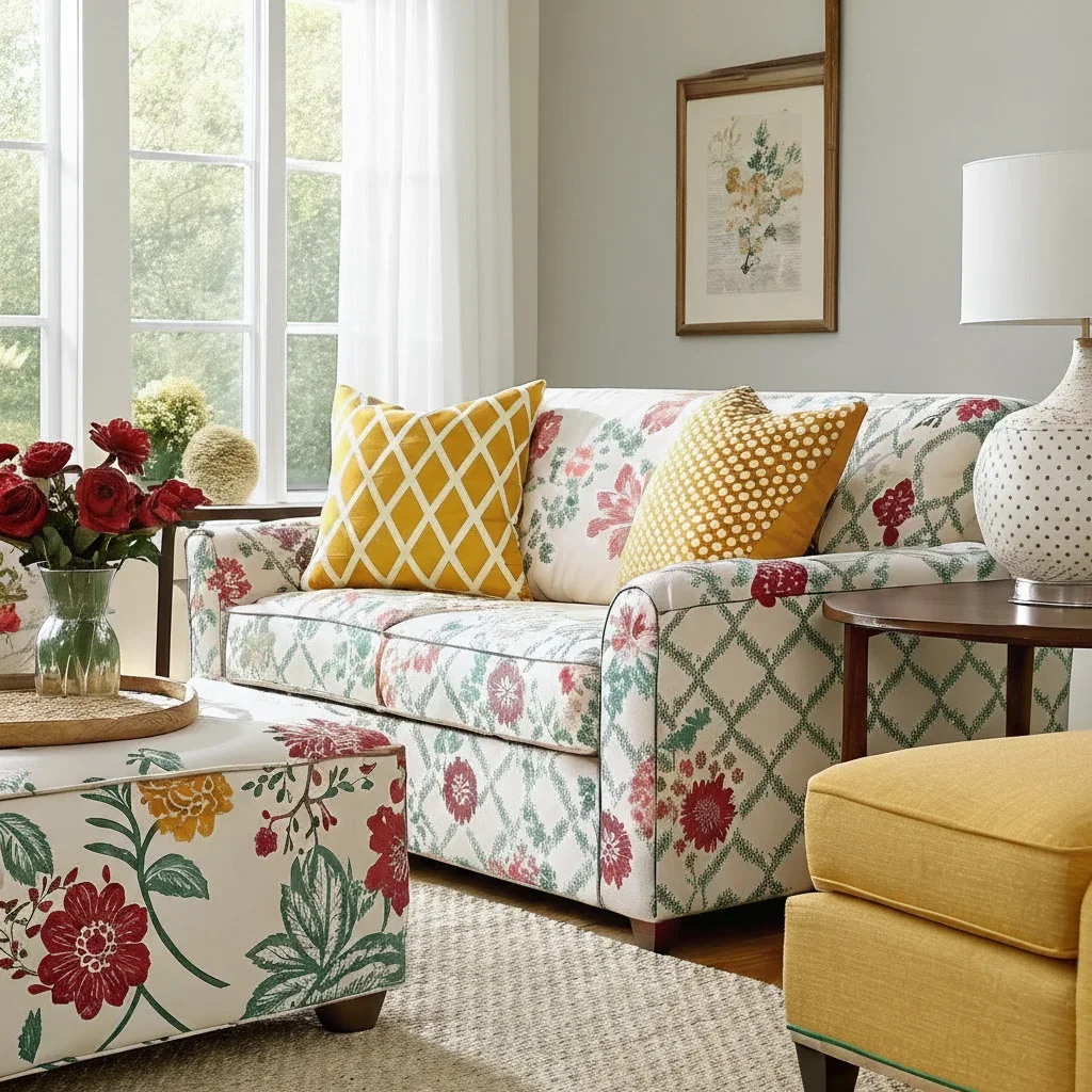 Living room showcasing mixed patterns in different scales: large floral motif, medium geometric stripes, and small dotted print. All unified by one shared color.