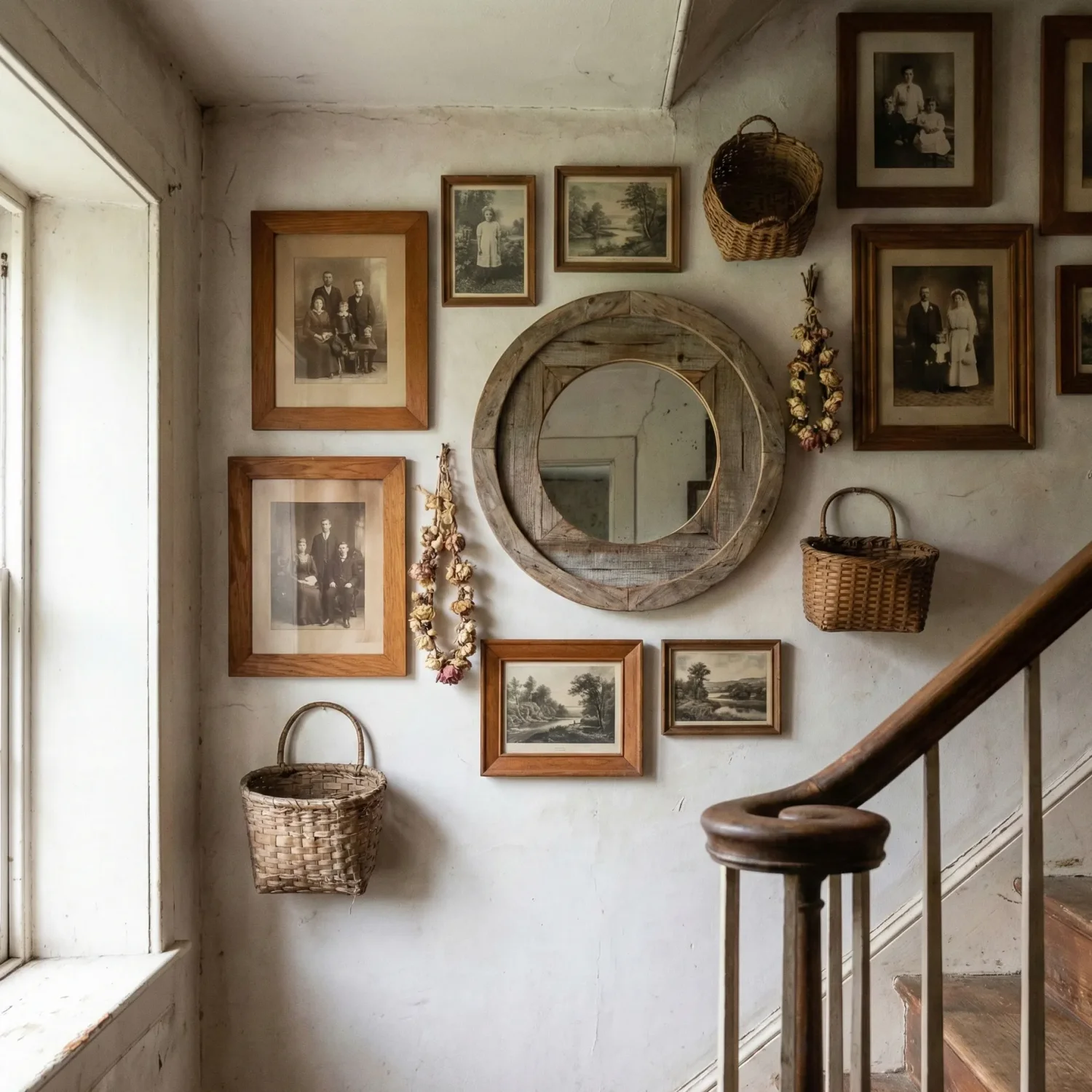 Vintage stairwell gallery wall with round mirror and woven baskets