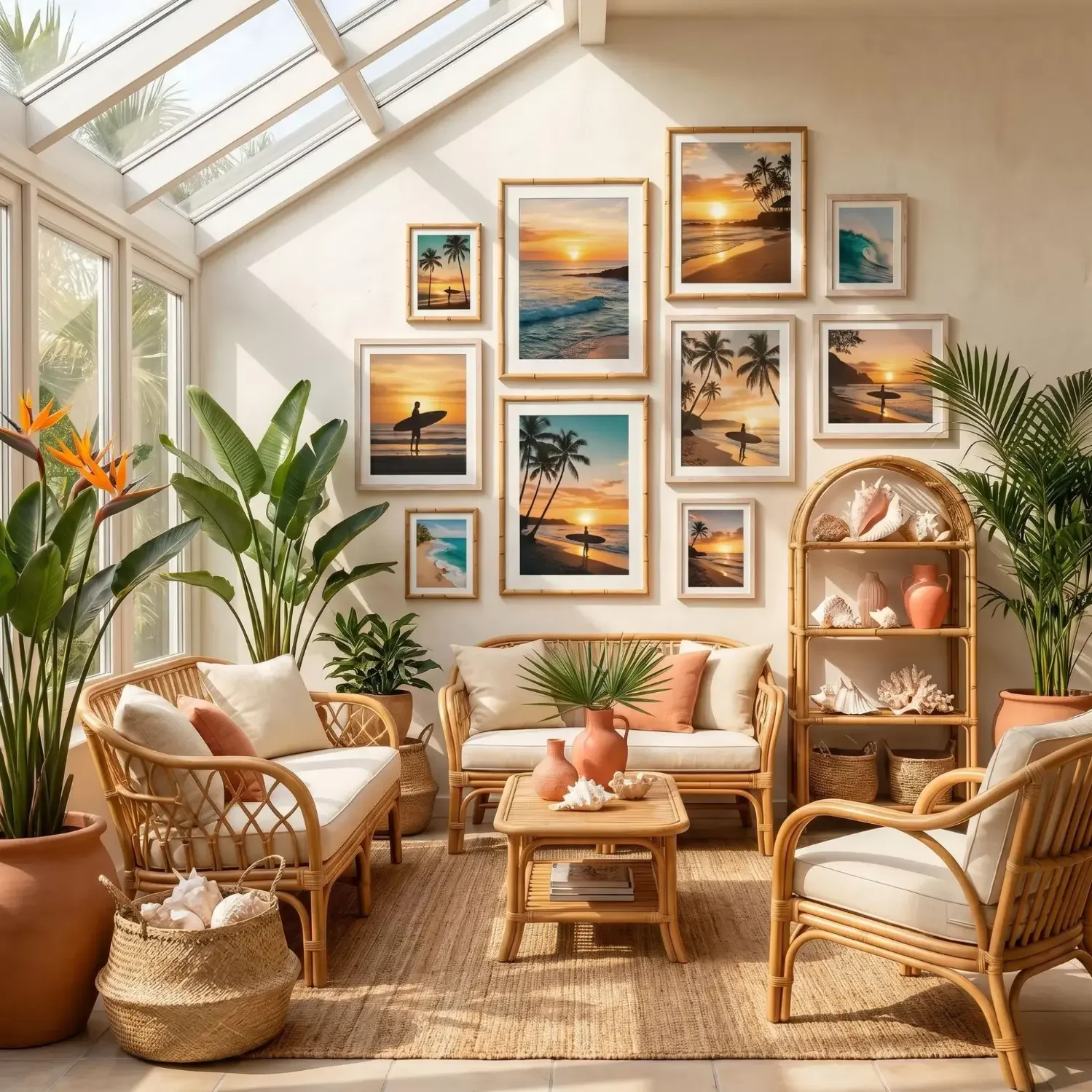 Tropical Hawaiian surf prints framed in bright sunroom