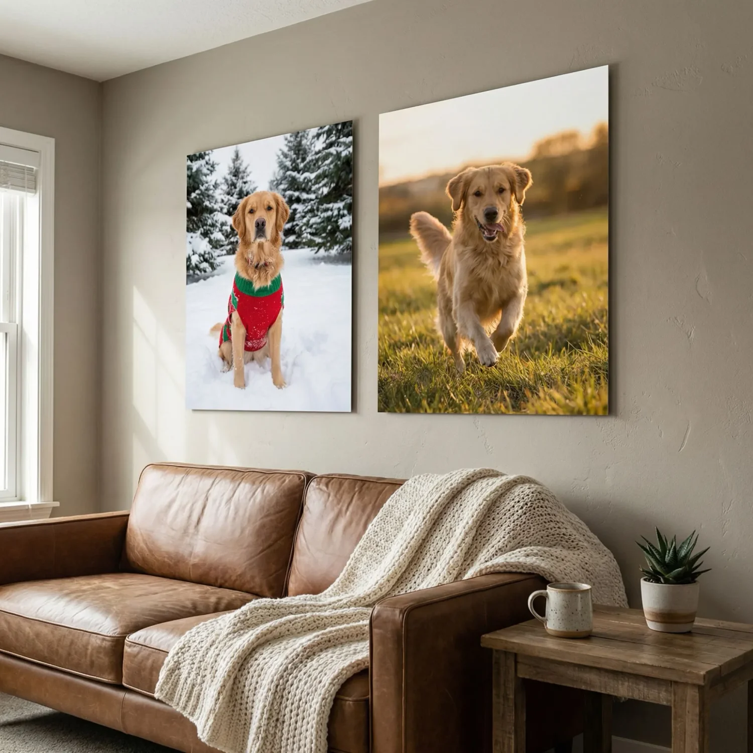 Borderless dog framed photos on a cozy living room wall