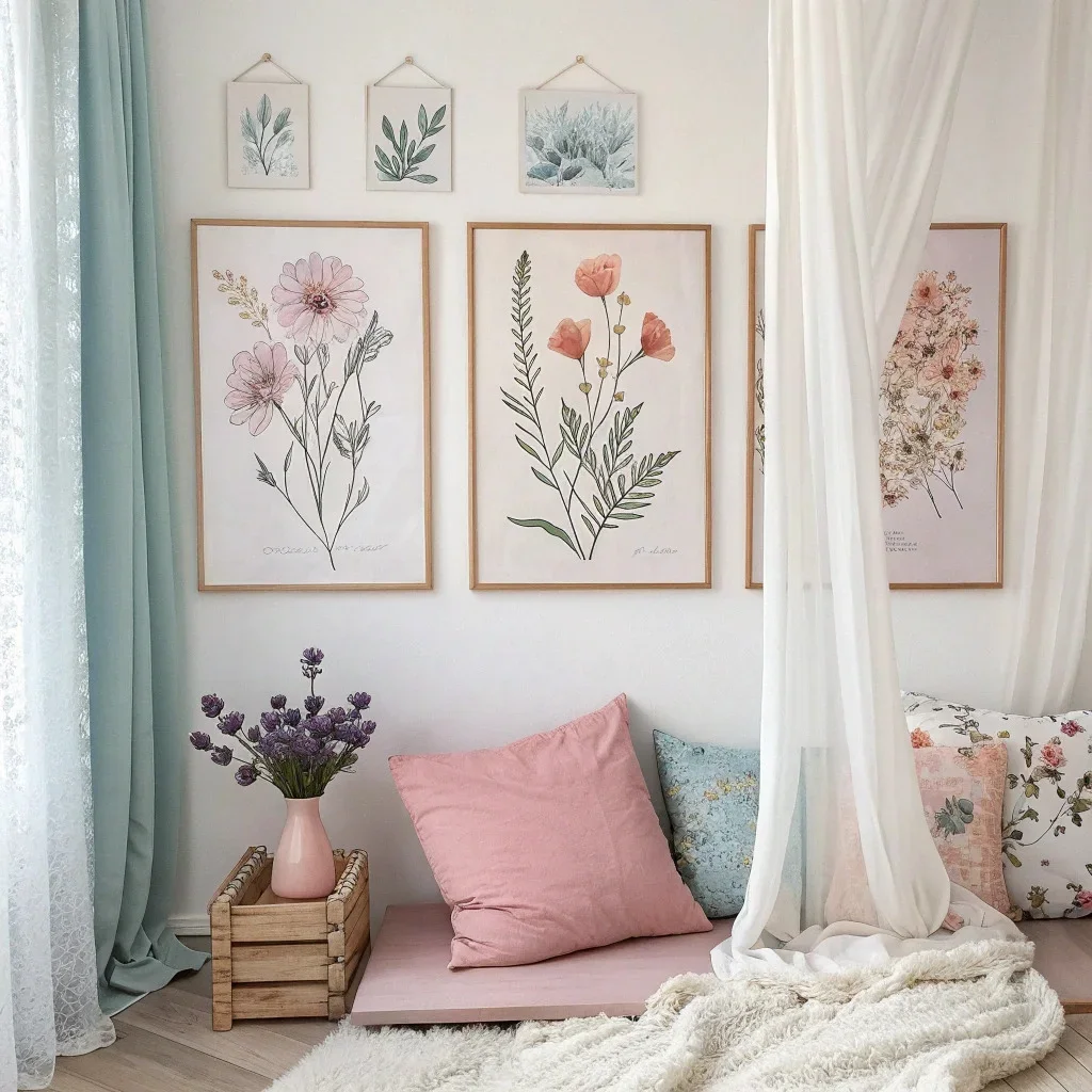 A contemporary floral gallery wall with macro flower photography and delicate botanical illustrations in pastel-colored frames, nodding to 1980s chintz in a modern, airy way.