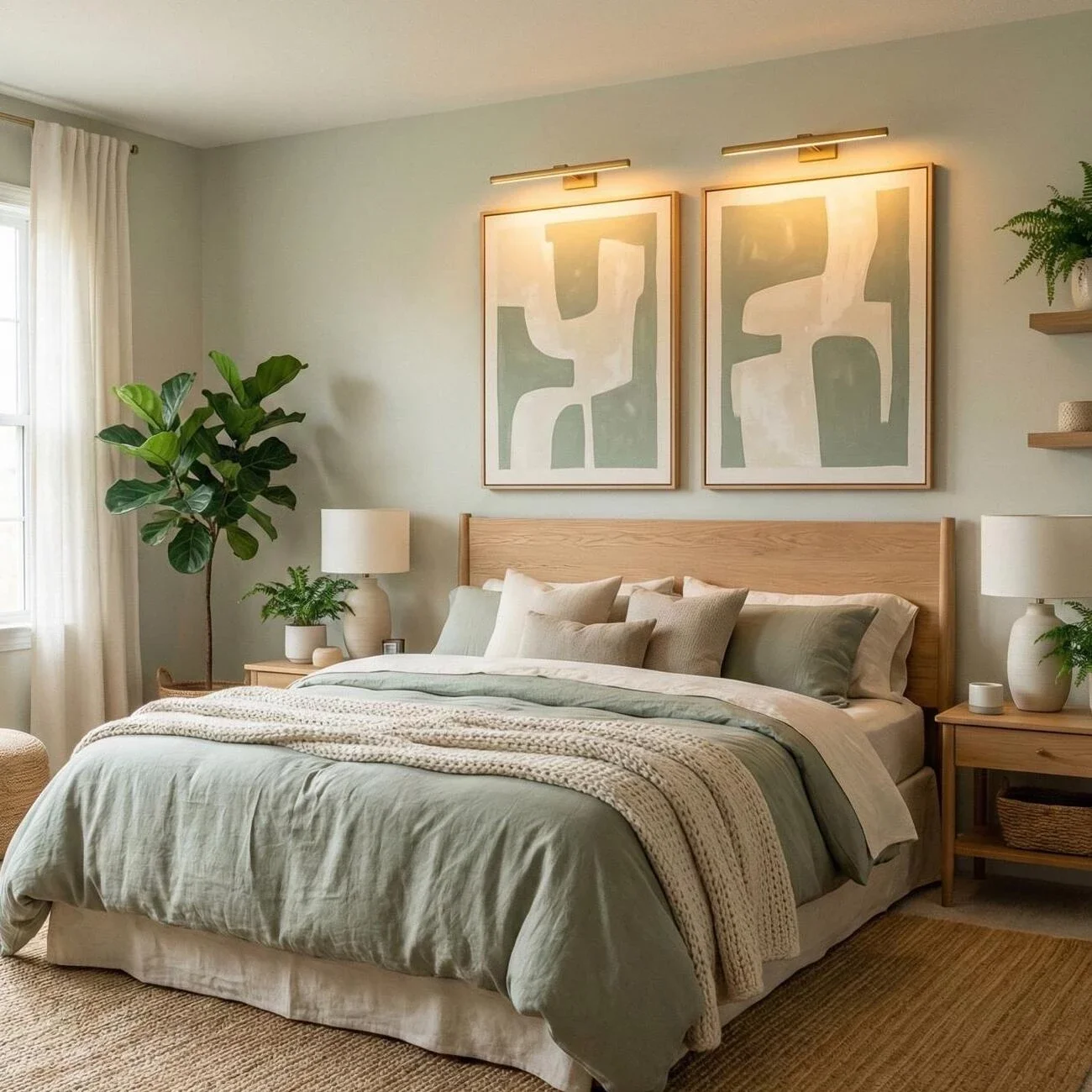 Calm bedroom with sage bedding, warm lighting, and leafy plants
