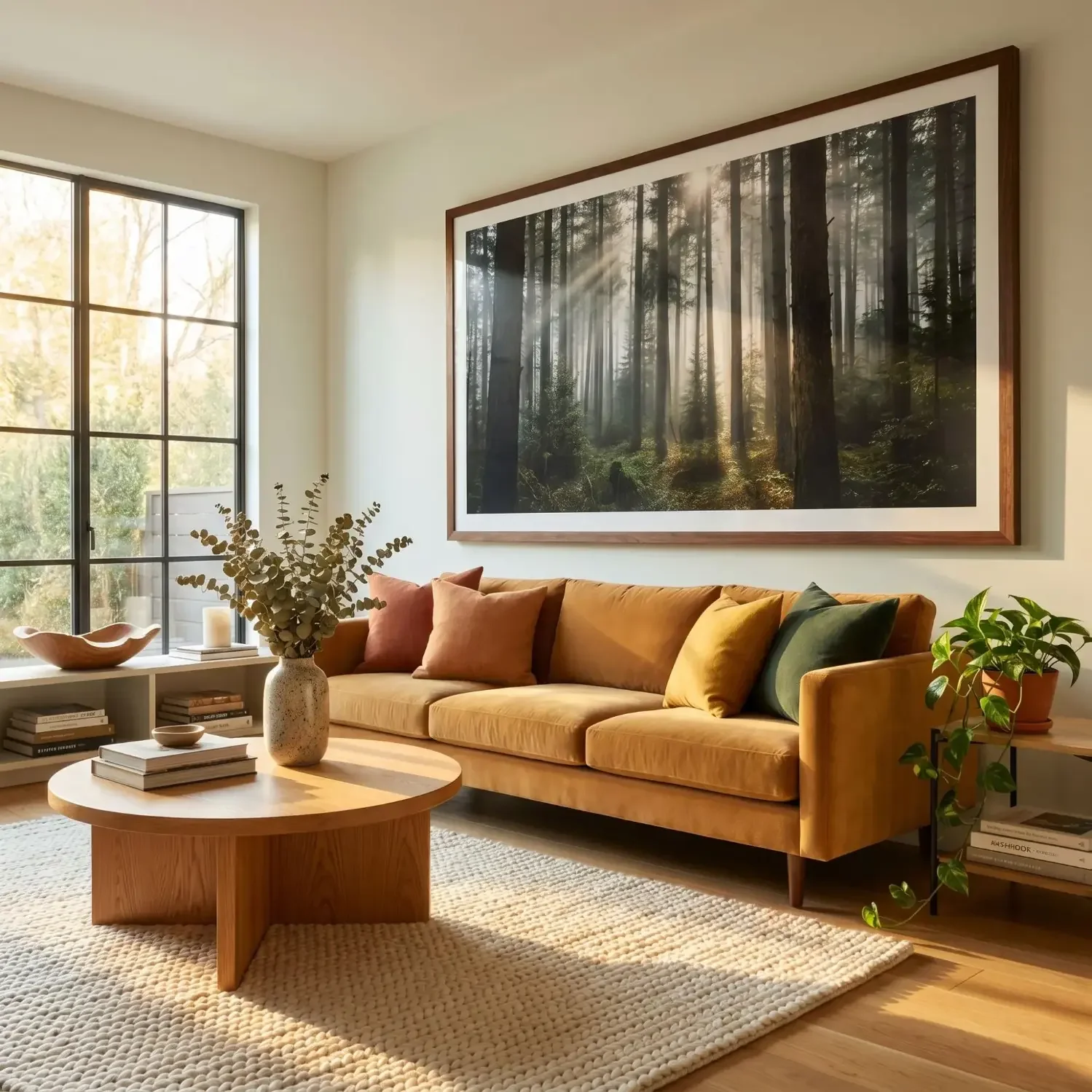 Forest panorama framed art above living room sofa