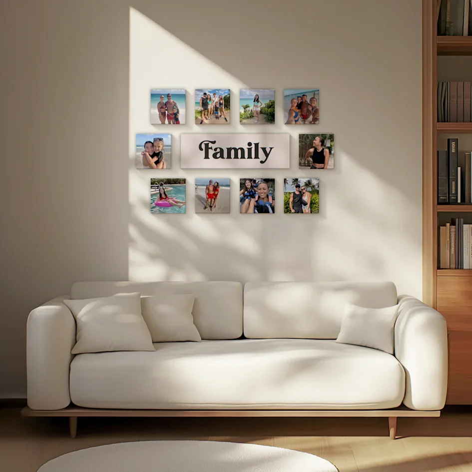Family photo collage with “Family” sign above sofa