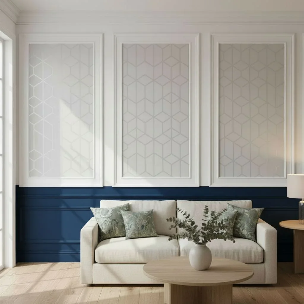 Two-tone wainscoting behind light sofa
