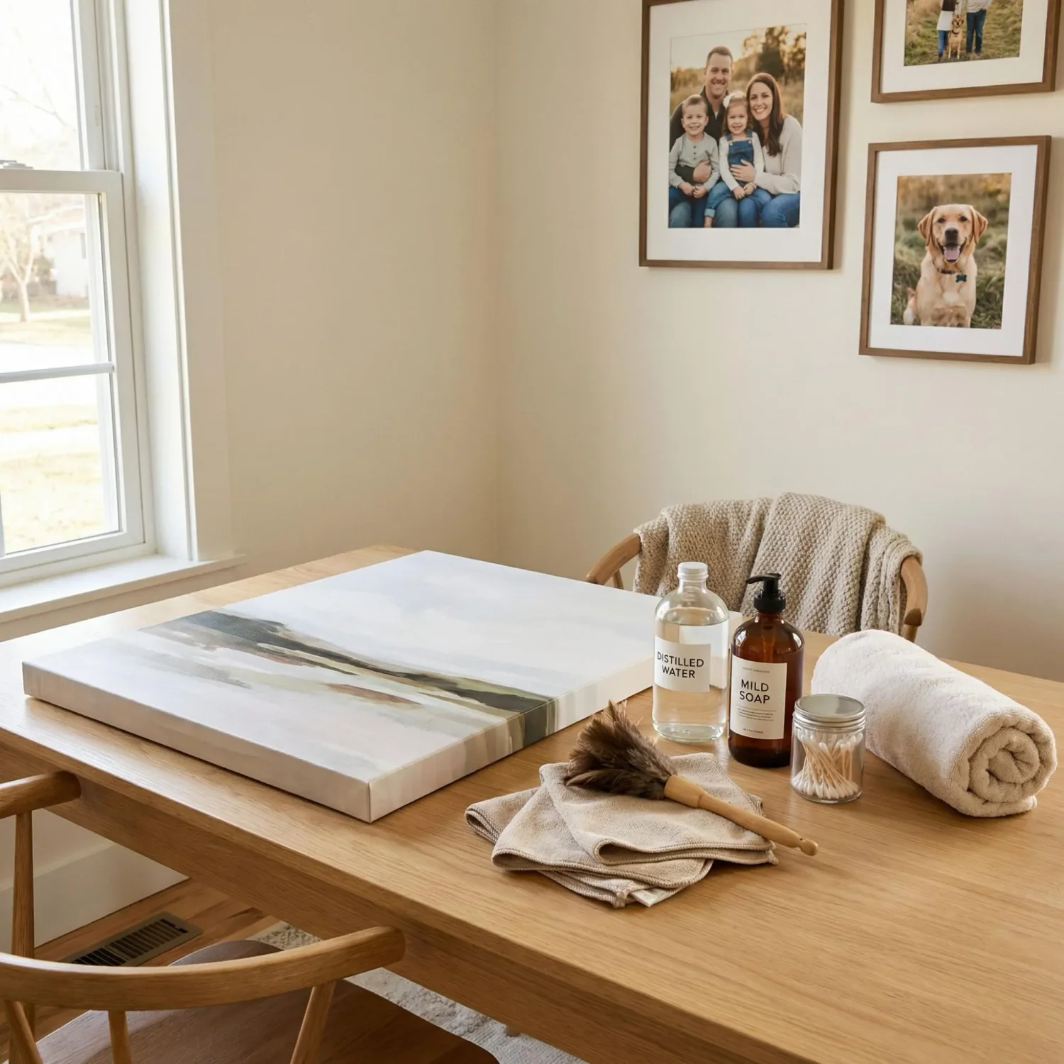 Canvas print cleaning tools laid out on a table