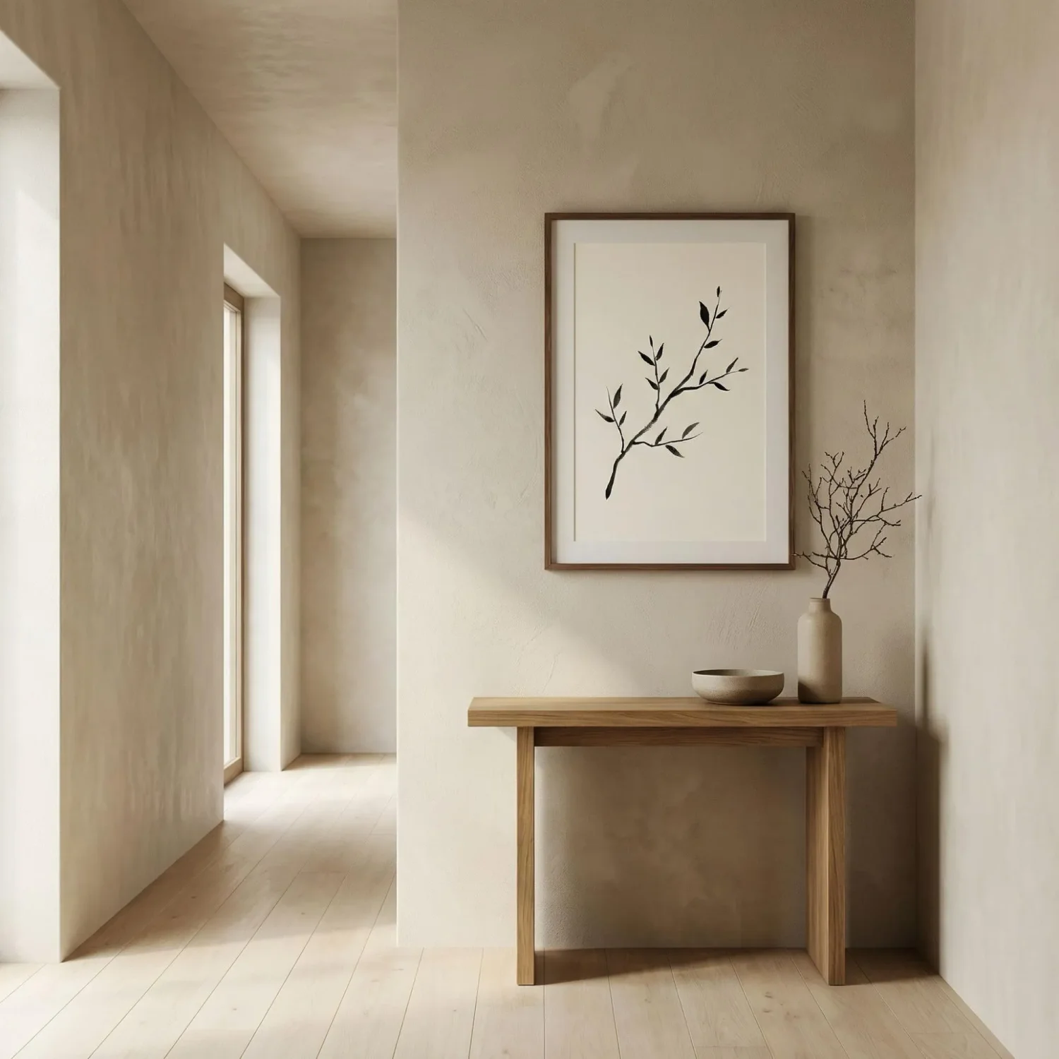 Japandi hallway with minimal branch silhouette framed art