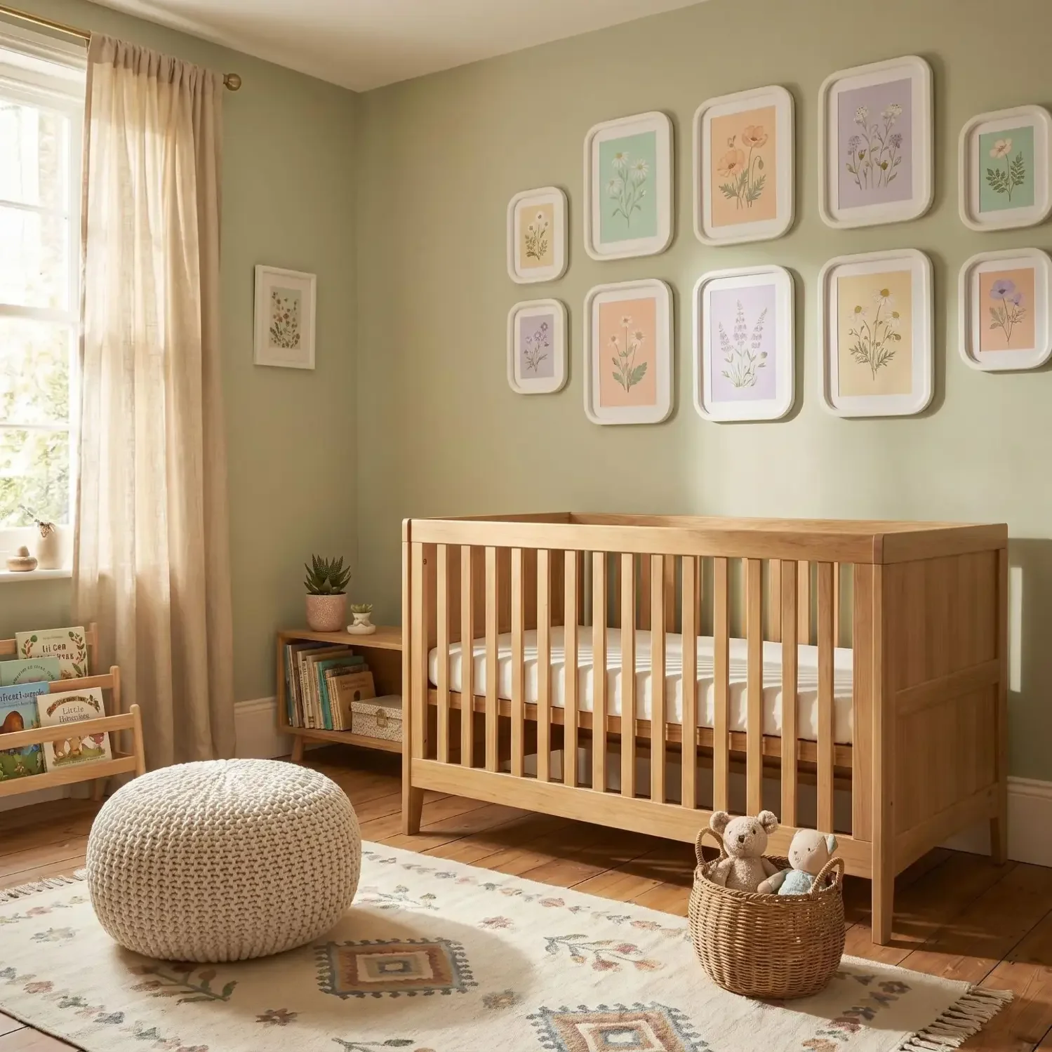 Nursery room with pastel wildflower illustration prints