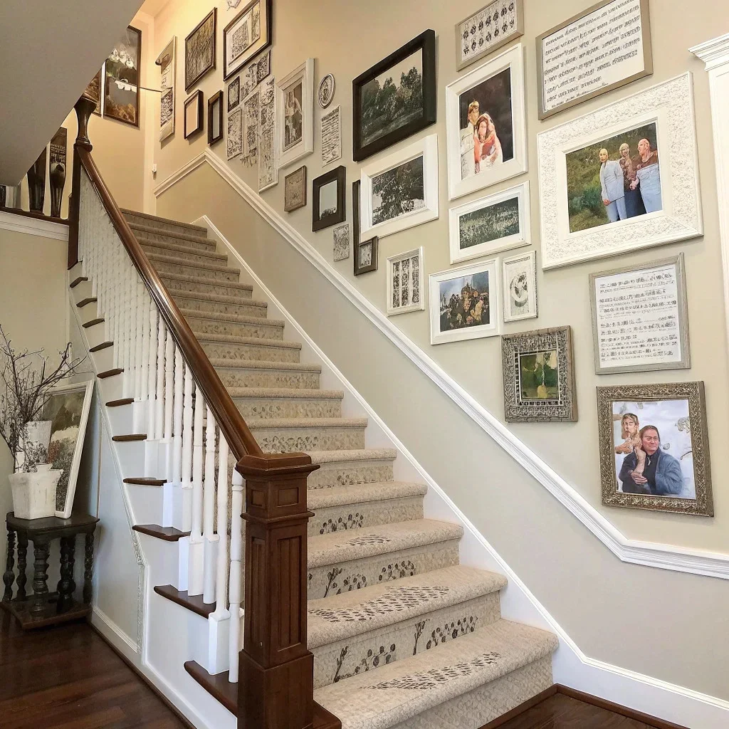 A staircase wall combining framed photos with typography art such as a family name or favorite phrases and quotes.