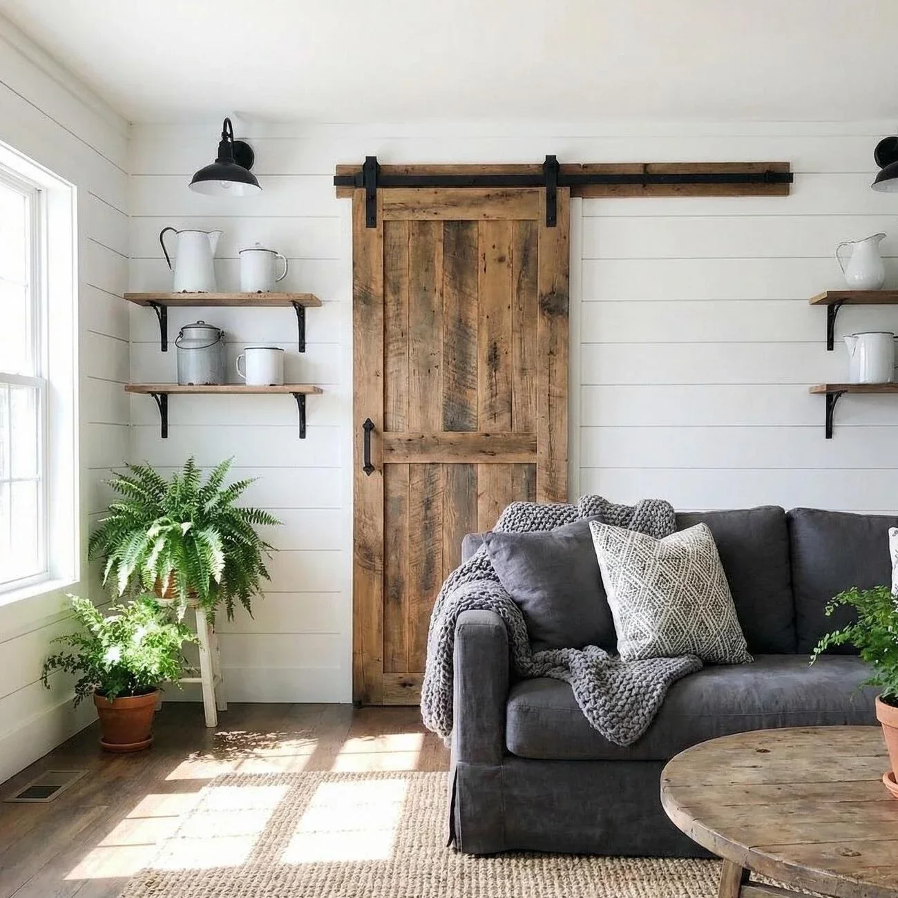 Cozy farmhouse living room with rustic barn door and gray sofa