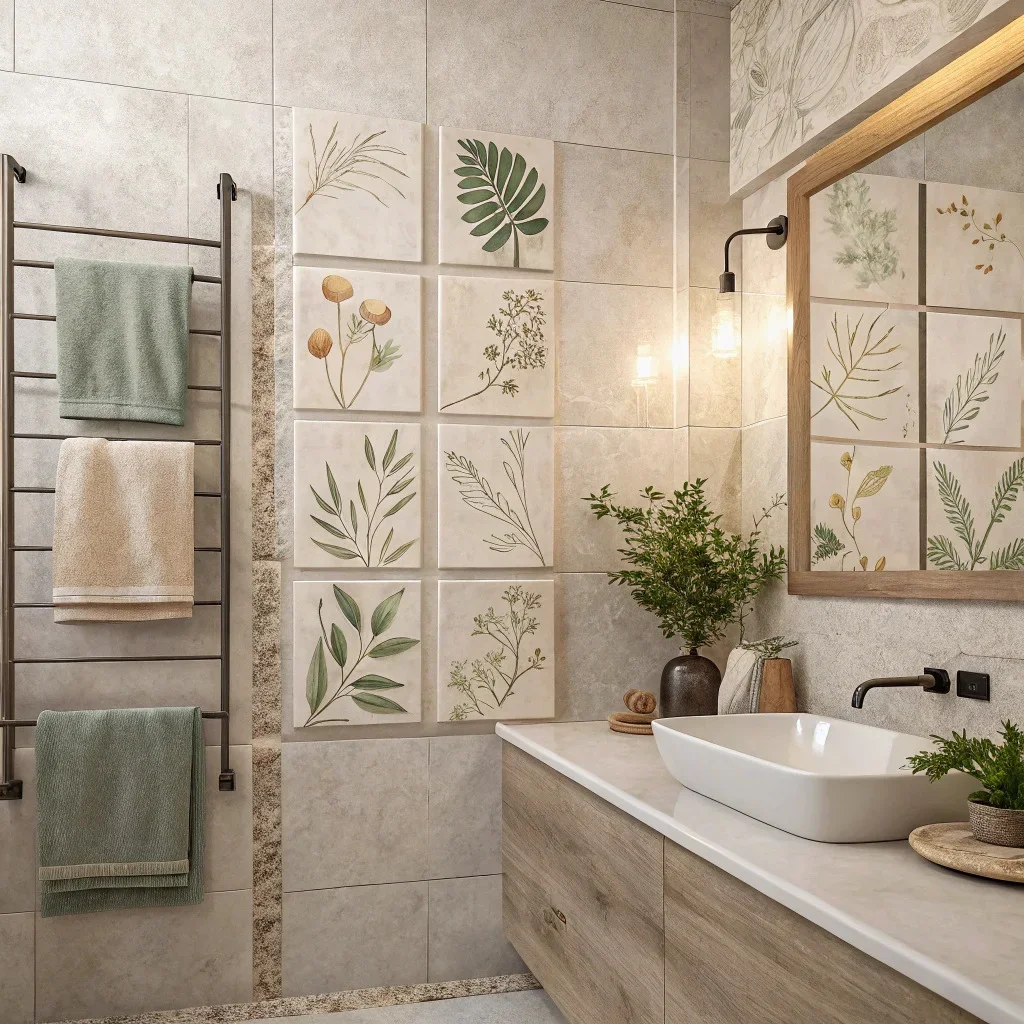 Bathroom with wall-mounted photo tiles featuring botanical prints.