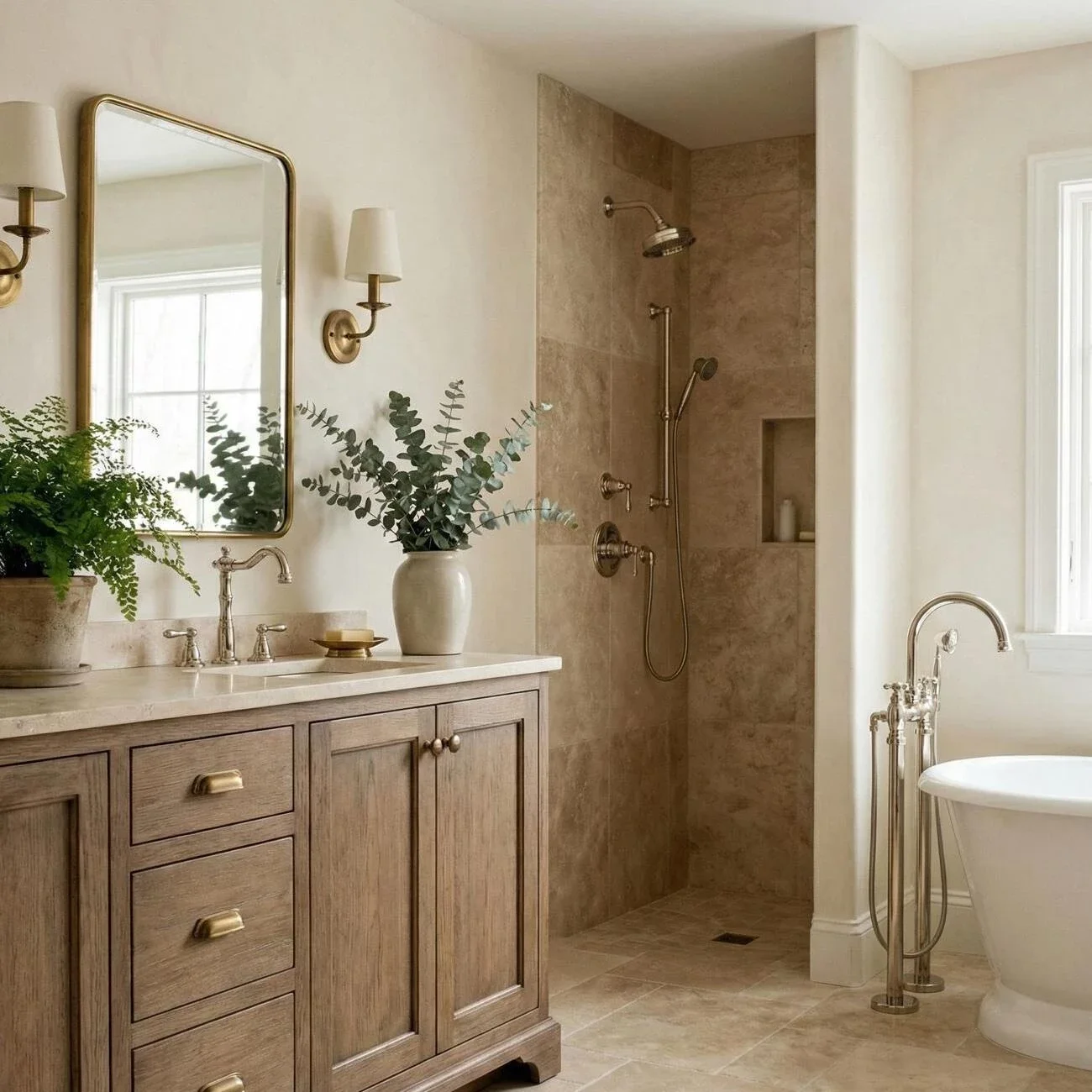 Elegant bath with natural tones, freestanding tub, and greenery