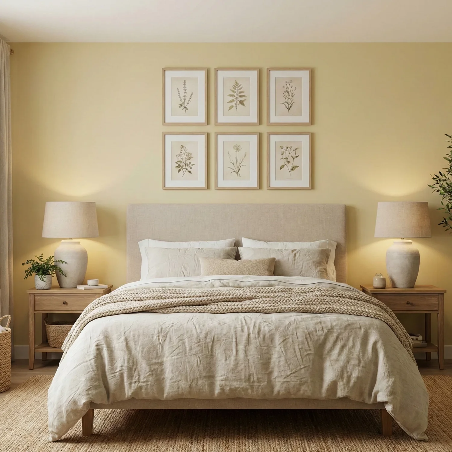 Calm neutral bedroom with upholstered bed and botanical prints