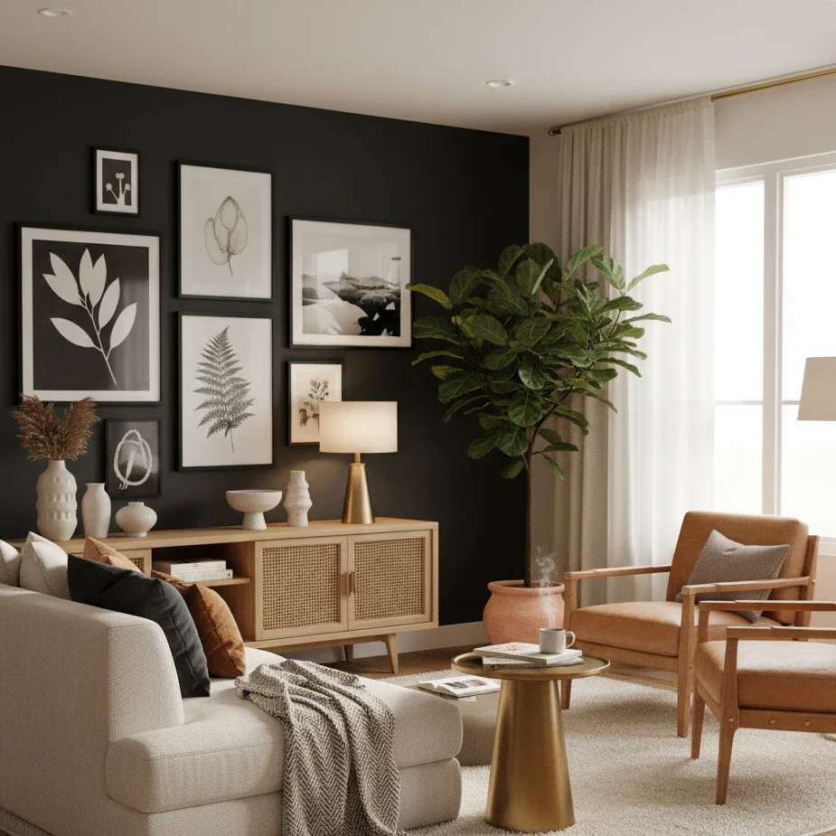 Cozy living room with black gallery wall and tan leather chairs