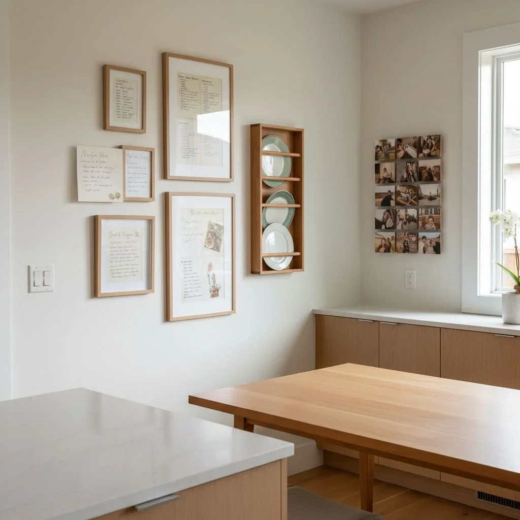 Kitchen wall with recipes and plate rack decor