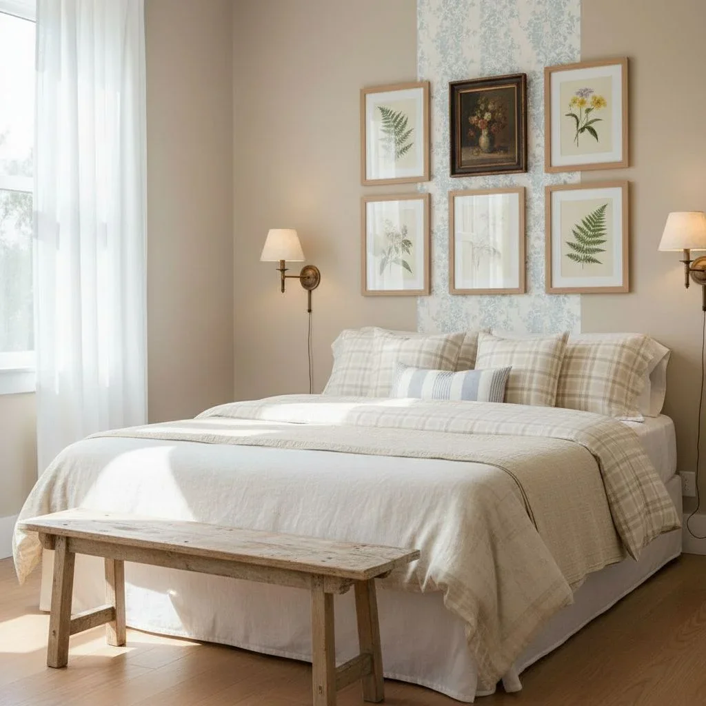 Farmhouse bedroom with vintage frames