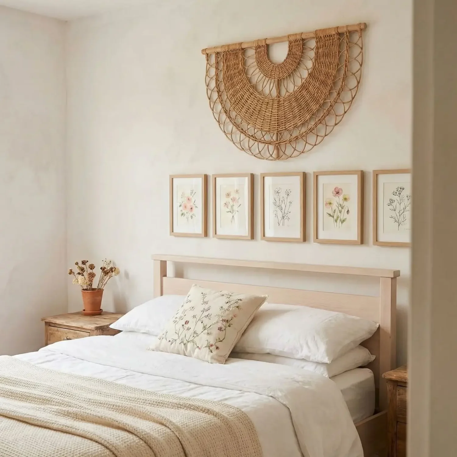 Cottage bedroom with framed florals and wall hanging