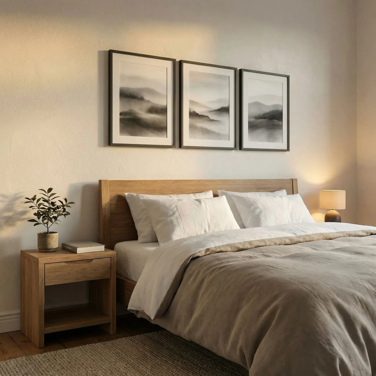 Black and white framed art above bedroom headboard