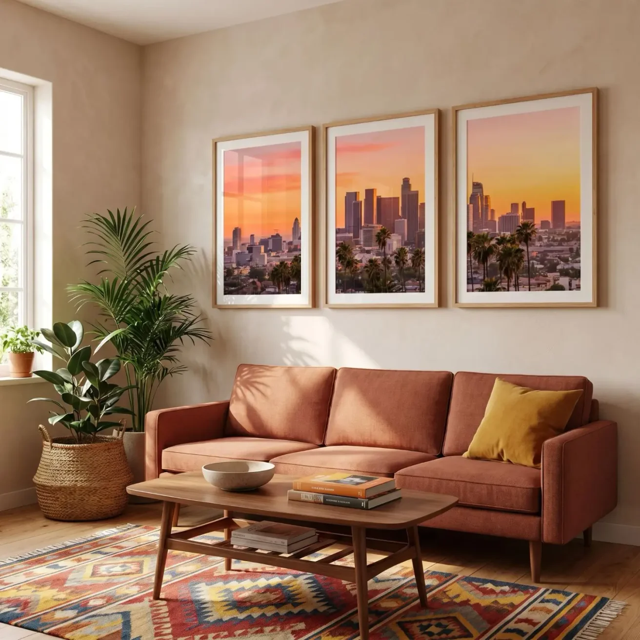 Full-color LA skyline framed triptych in living room