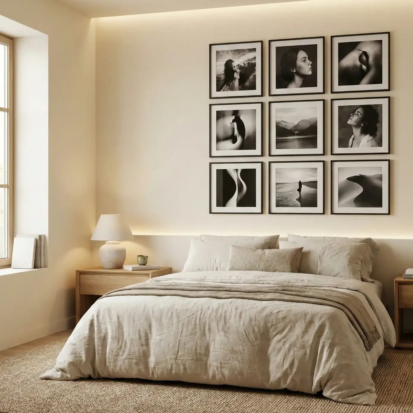 Minimal bedroom with black and white photo grid above bed
