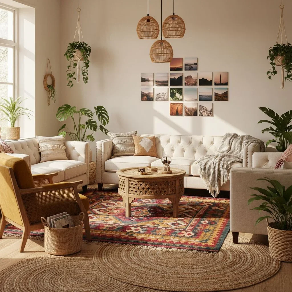 Bohemian living room with layered rugs and picture frames