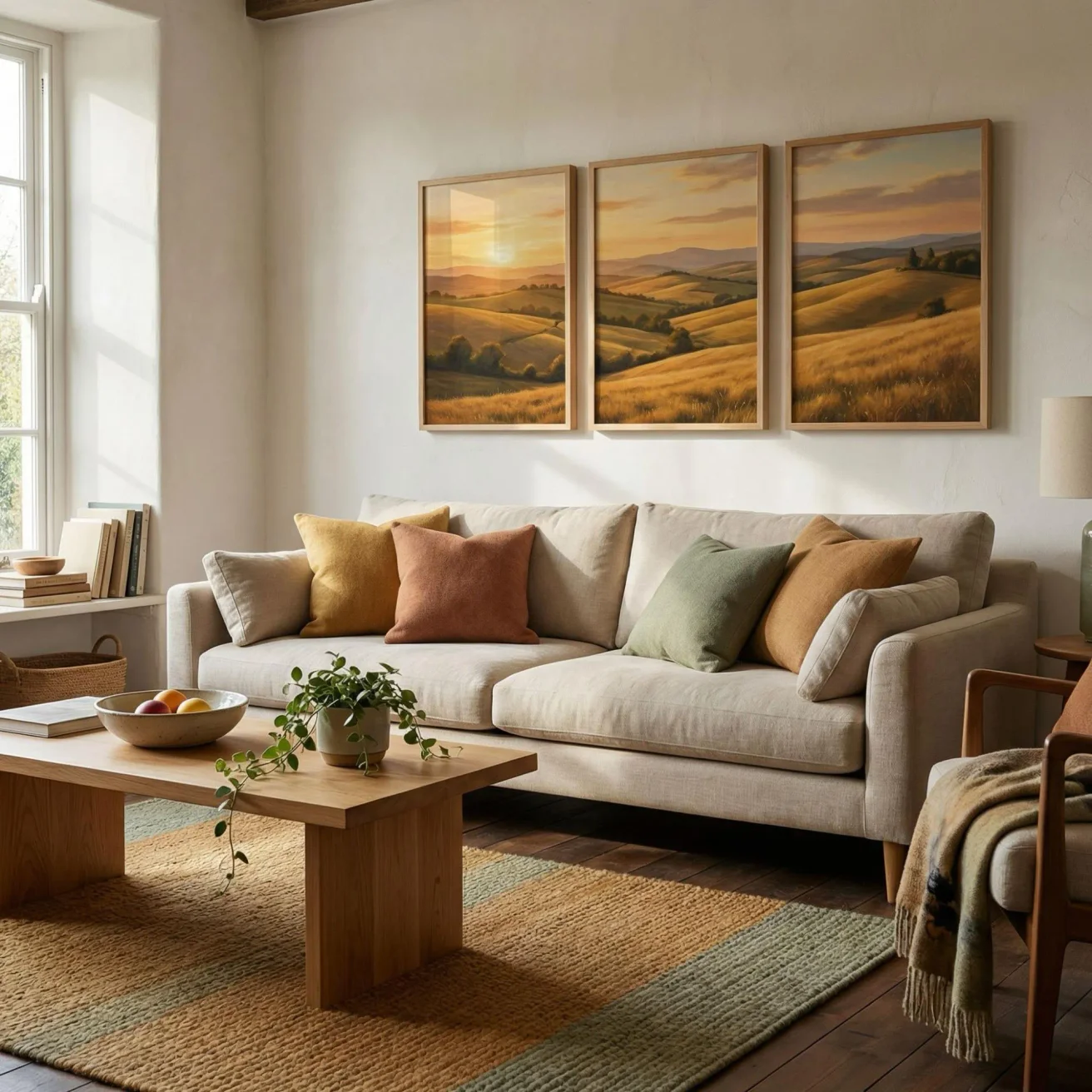 Triptych framed pictures above living room sofa