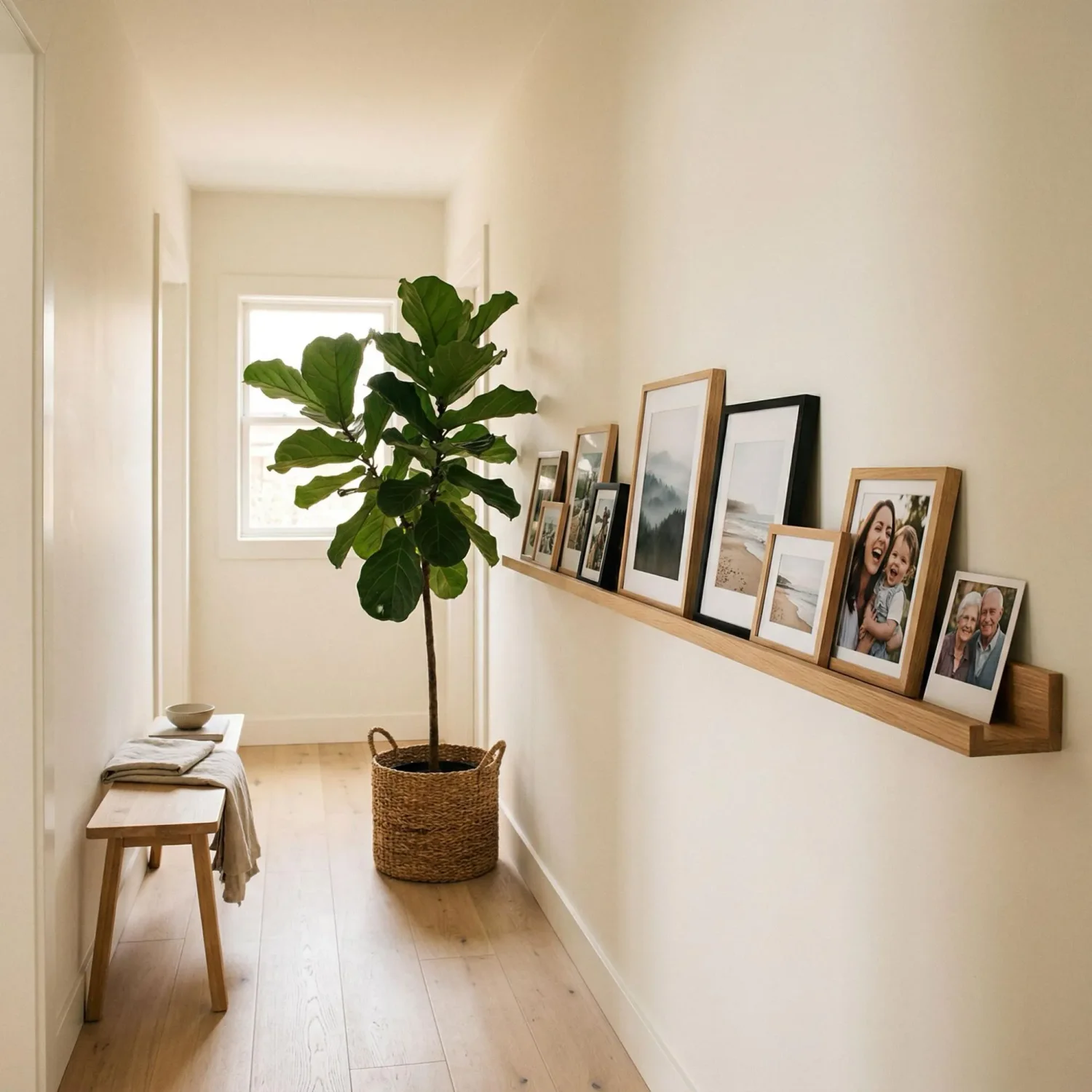 Hallway picture ledge with plant and framed photos