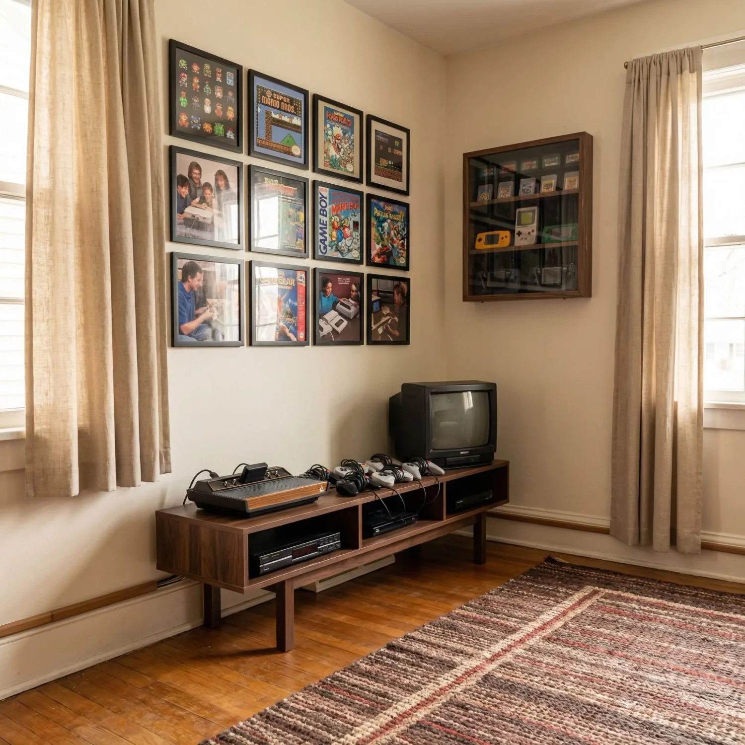Retro gaming room with media bench and framed art