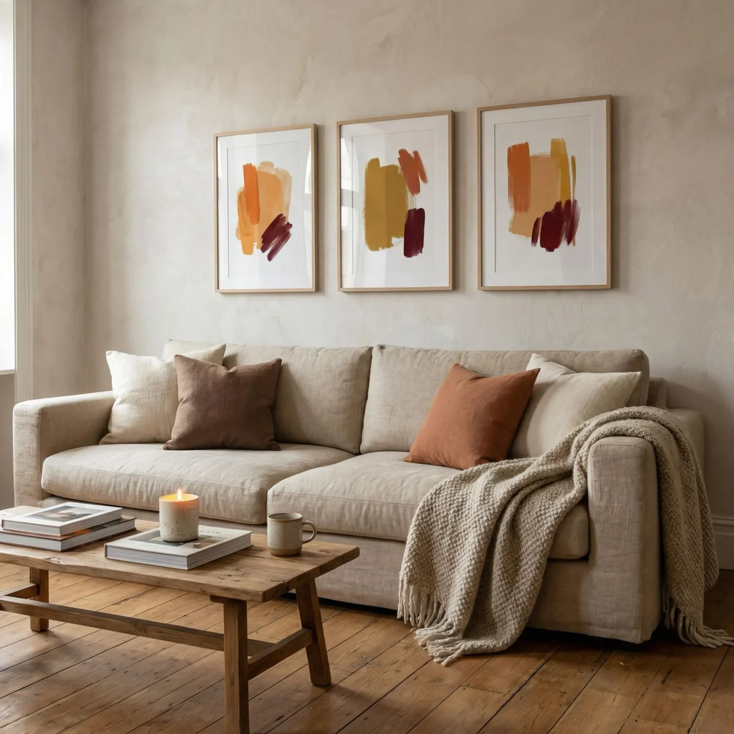 Triptych framed pictures centered above living room sofa