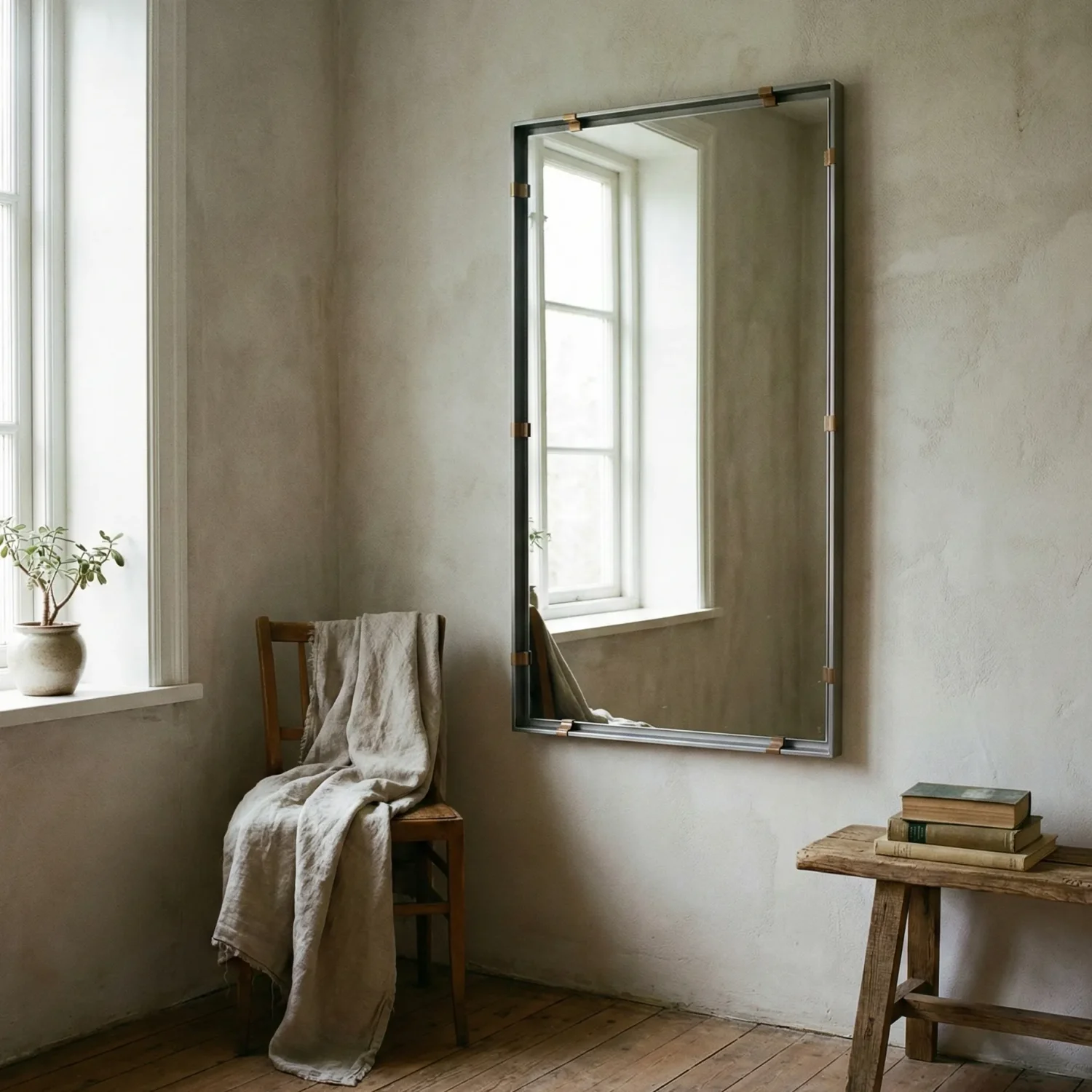 Minimal corner with wall mirror, wooden chair, and linen throw.