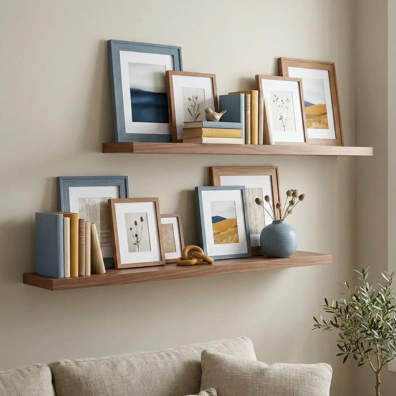 Floating shelves with framed art, books, and decor in sunlight