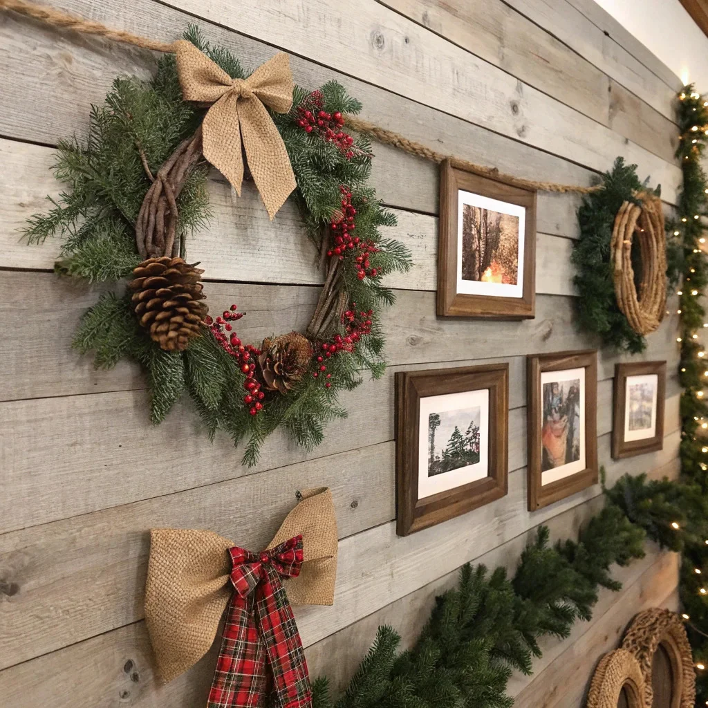 Rustic Christmas wall featuring matte frames, pine greenery, mini wreaths, and warm-toned photos.