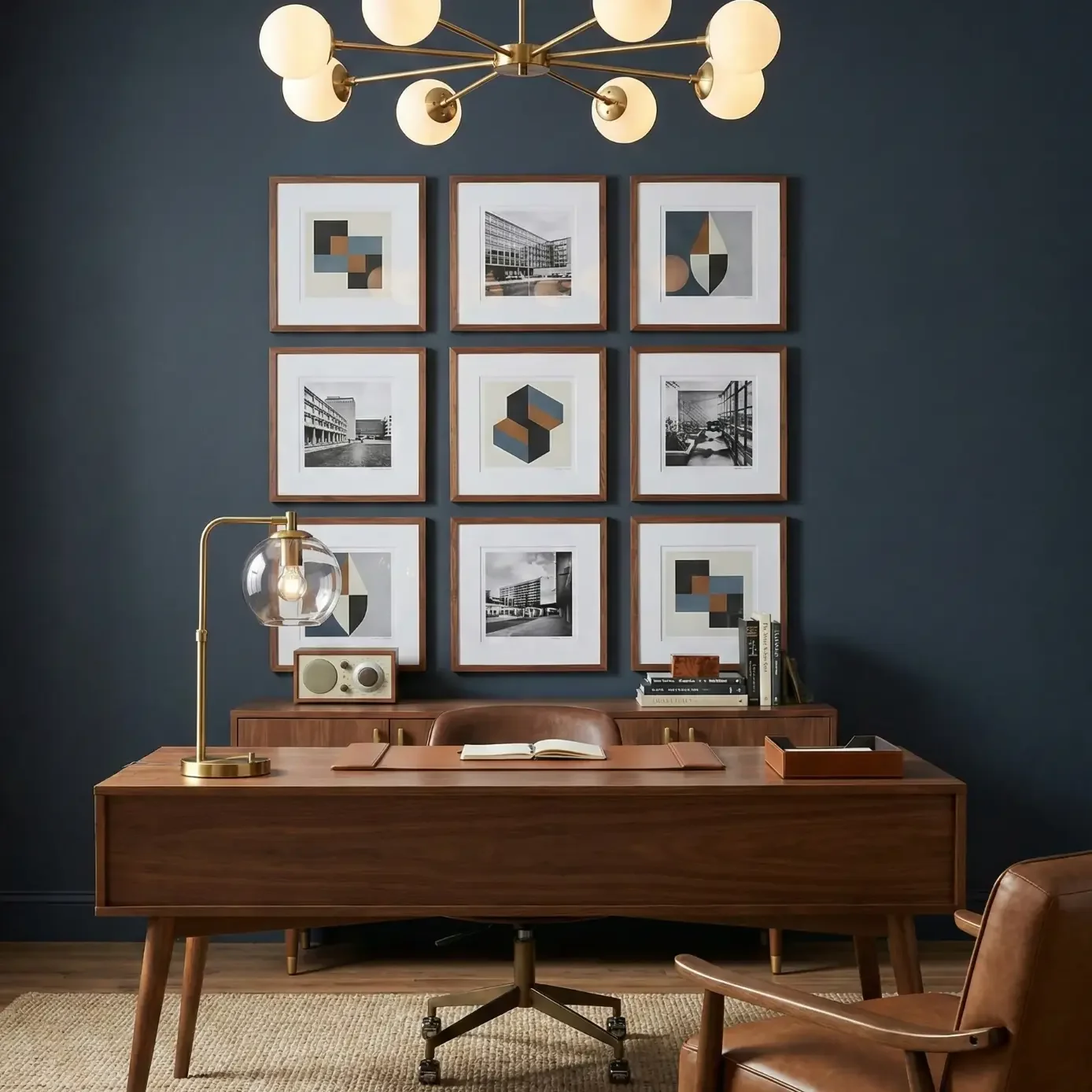Midcentury home office with gallery wall and brass lighting
