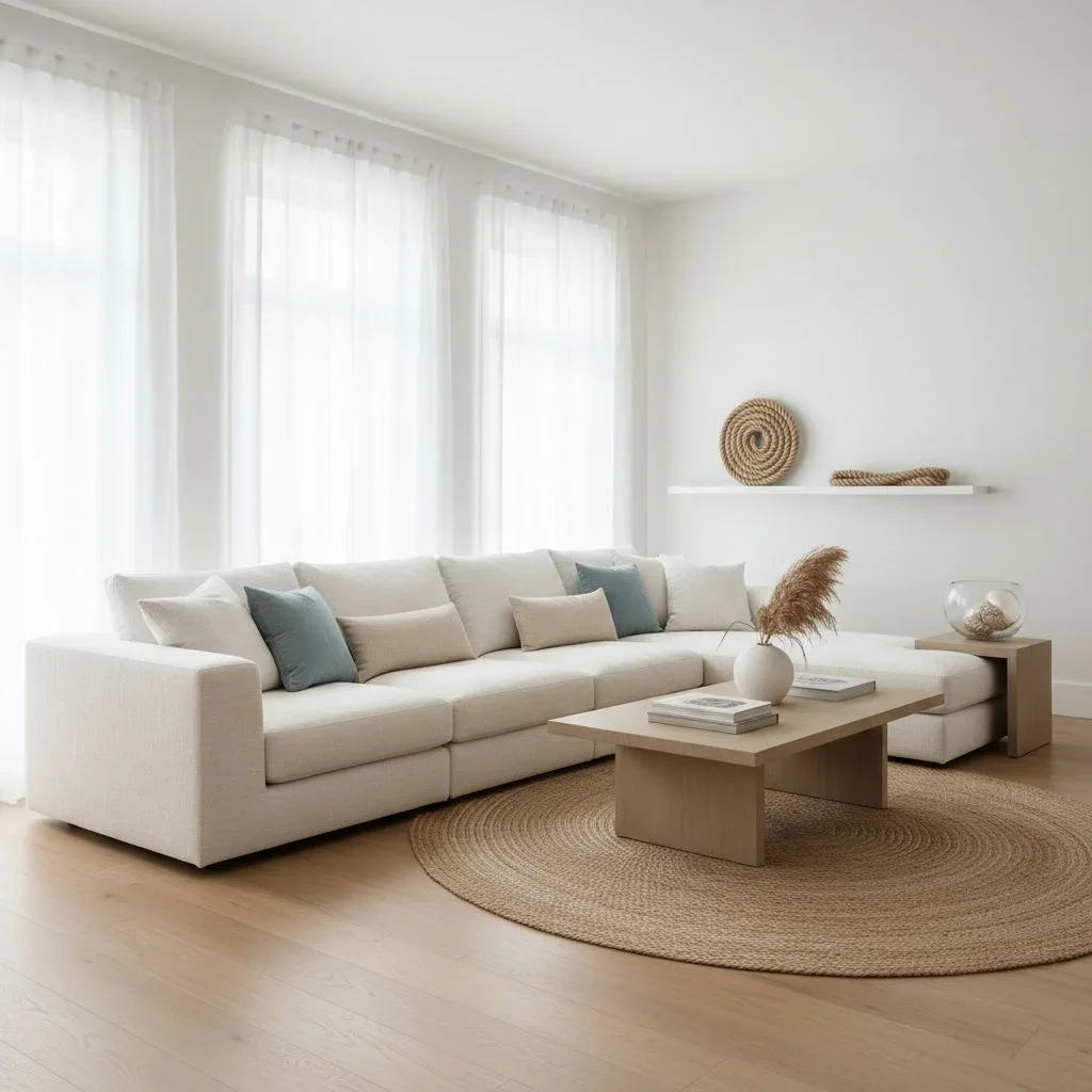 Minimalist coastal living room with subtle nautical touches
