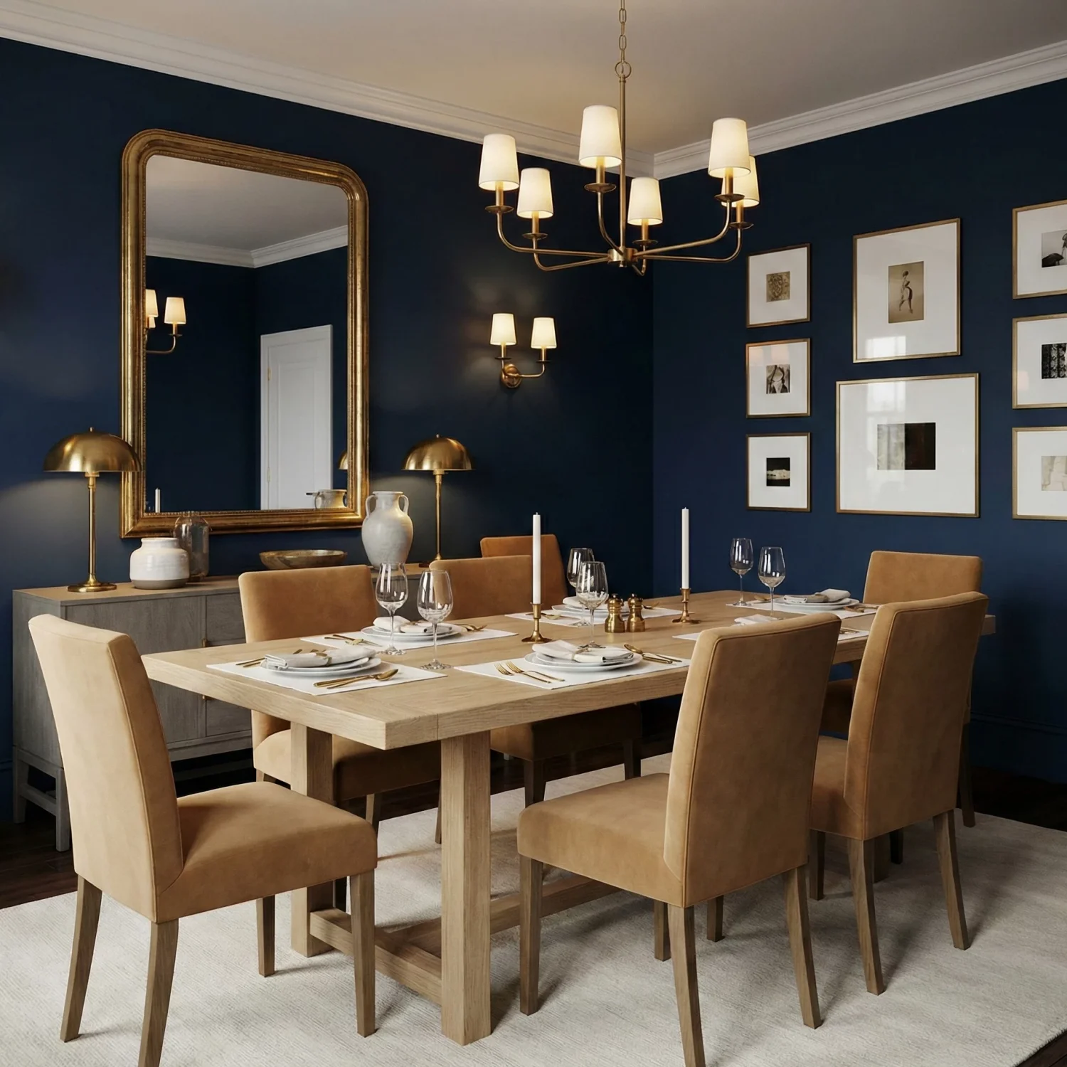 Sophisticated dining space with gallery wall and warm lighting