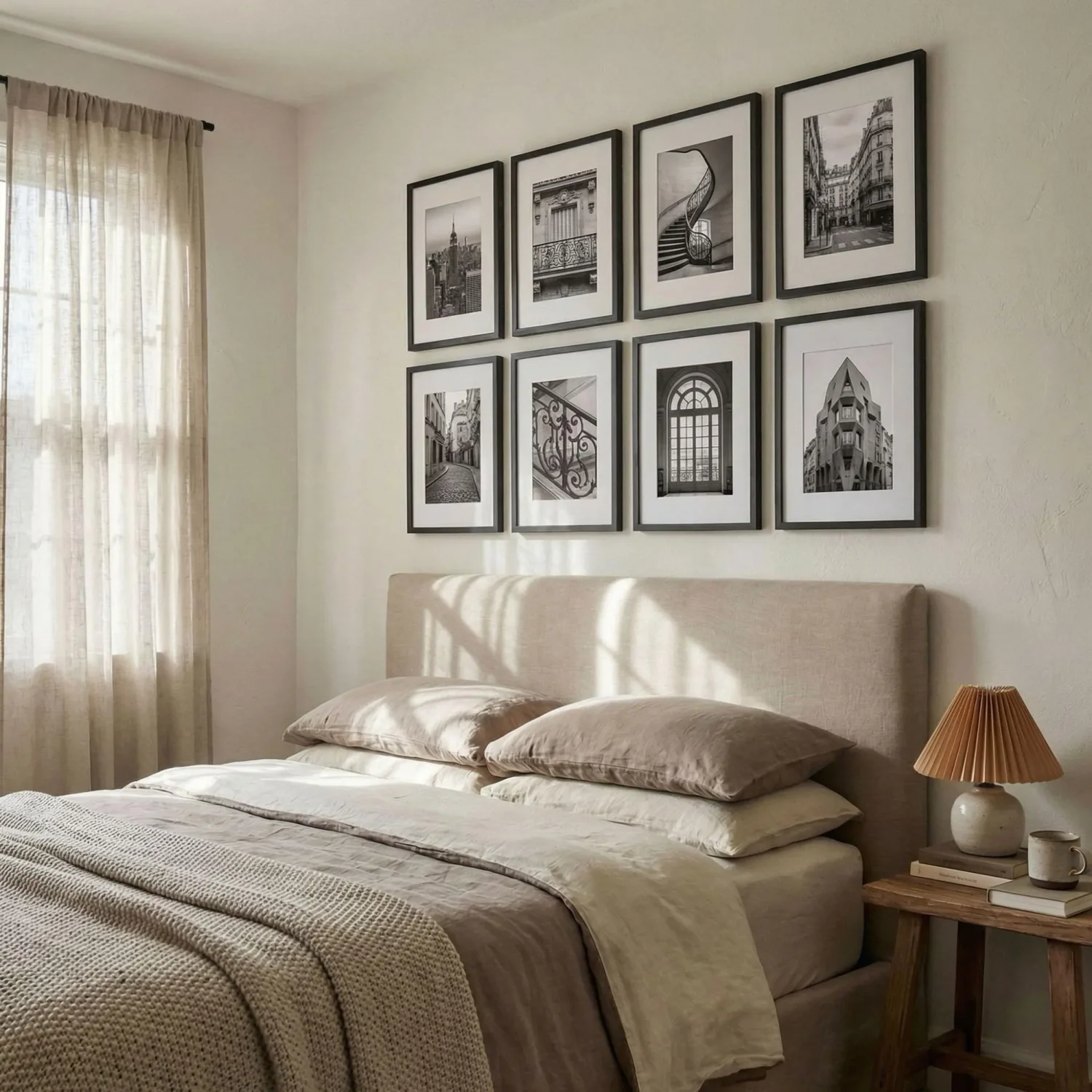 Black and white city skyline framed photos in bedroom