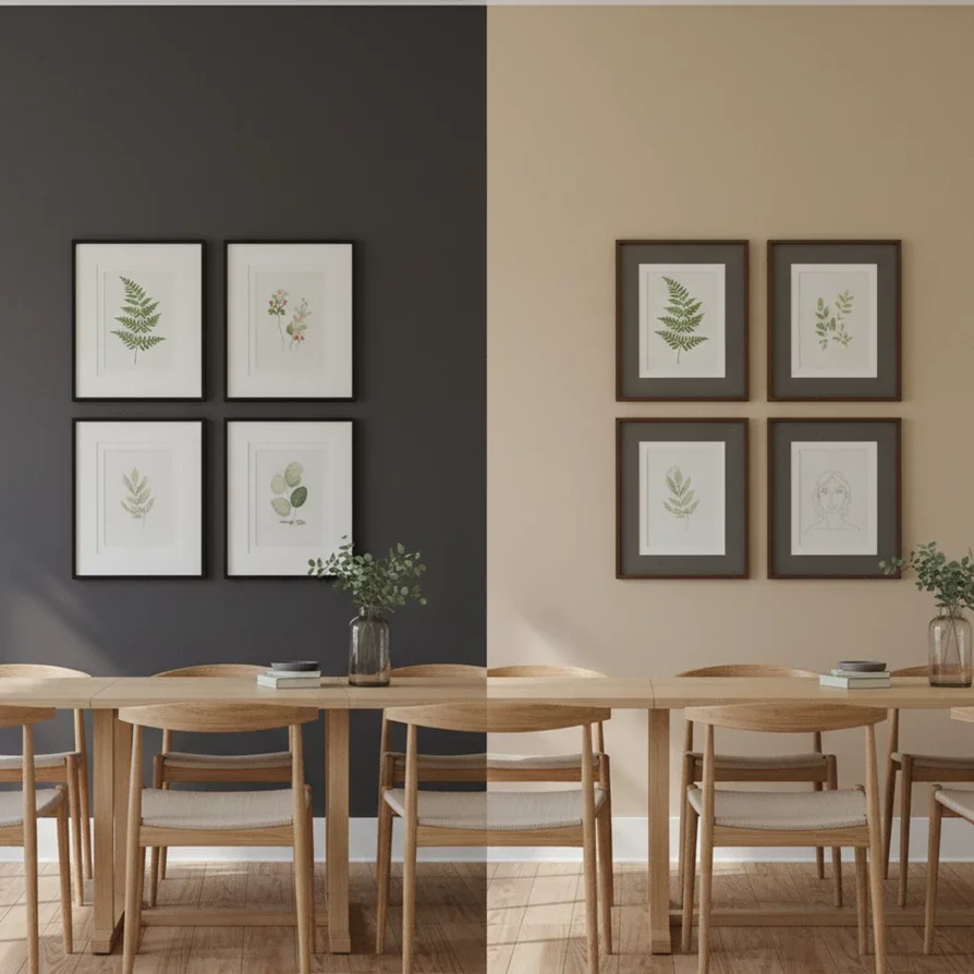 comparison of dark and beige walls with framed botanicals